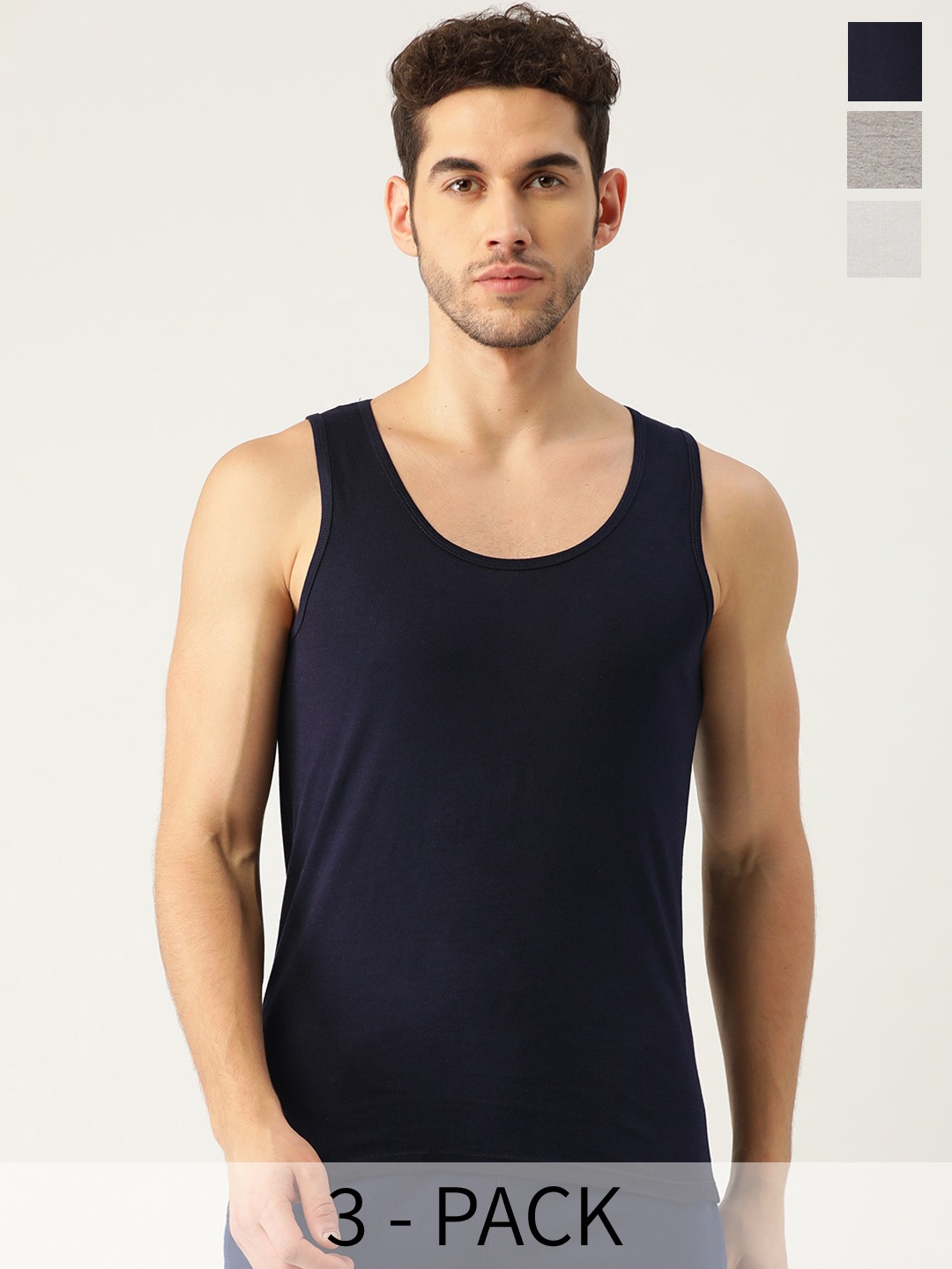 

The Roadster Lifestyle Co. Pack of 3 Pure Cotton Sleeveless Innerwear Vests, Navy blue