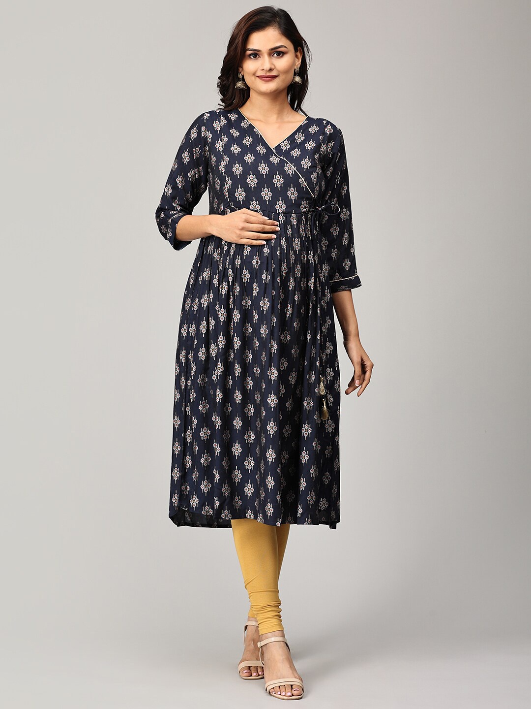 

The Mom Store Ethnic Motifs Printed Pure Cotton Maternity Anarkali Kurta, Navy blue