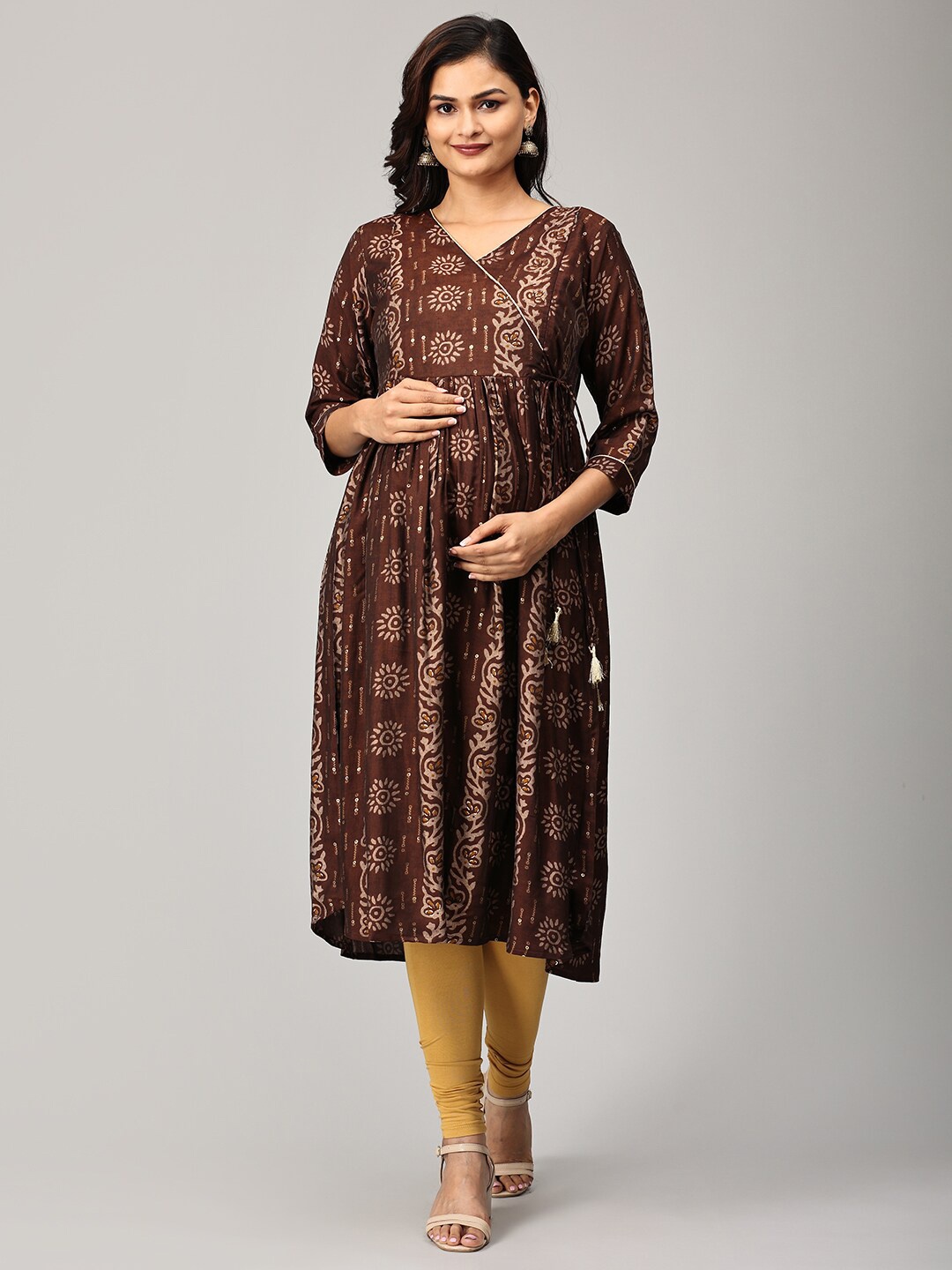 

The Mom Store Ethnic Motifs Printed Pure Cotton Maternity Anarkali Kurta, Brown