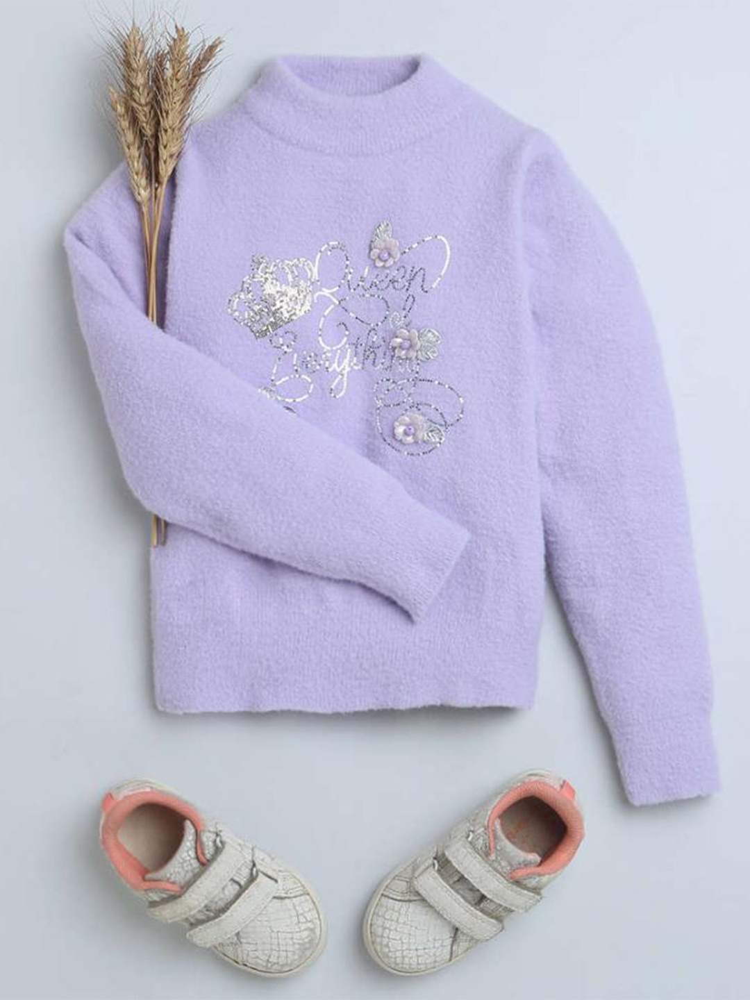 

Tiny Girl Girls Embroidered Mock Collar Long Sleeve Pullover Sweater, Purple