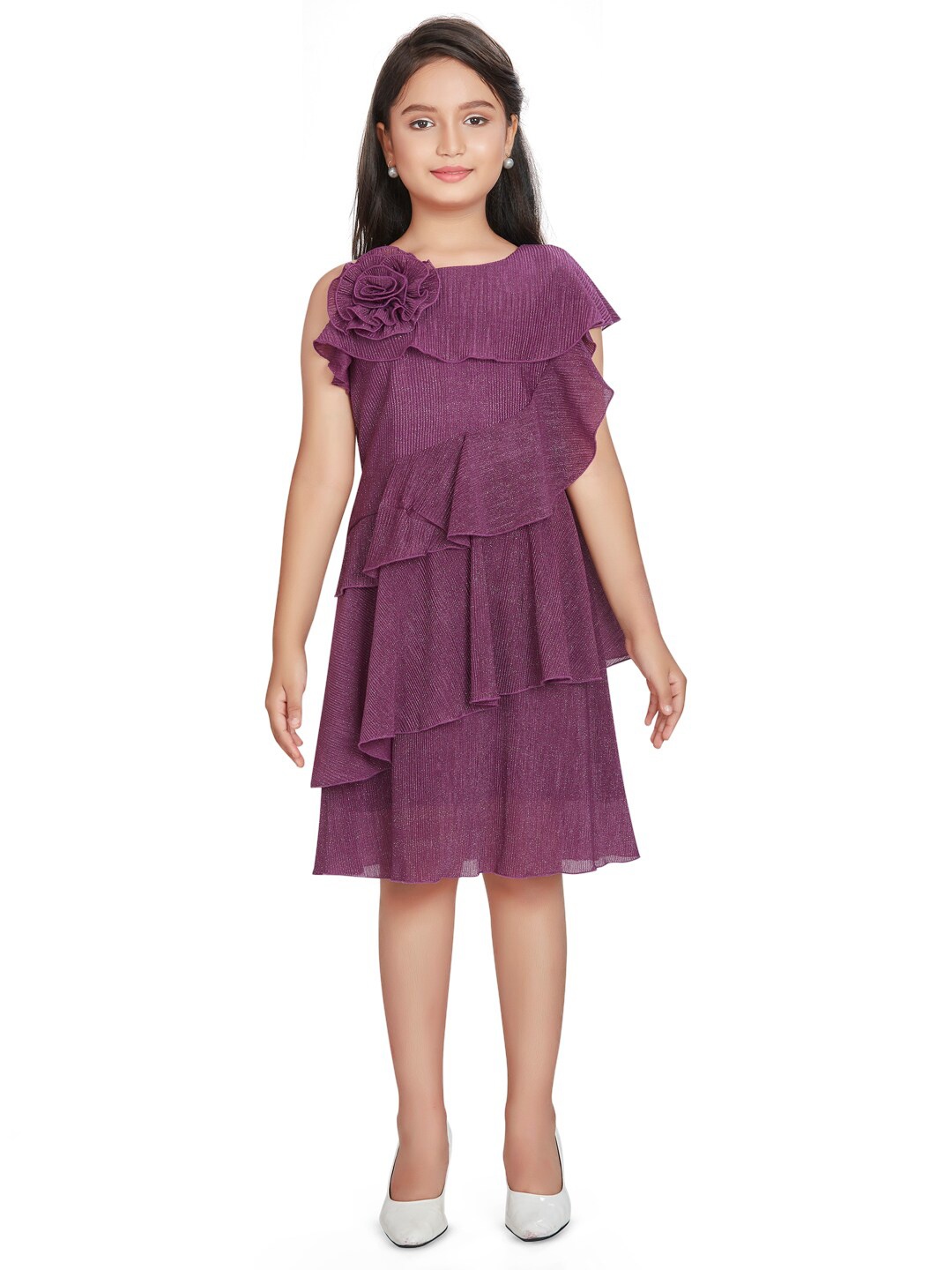 

Peppermint Girls Self Design Round Neck Sleeveless Layered Fit & Flare Dress, Purple