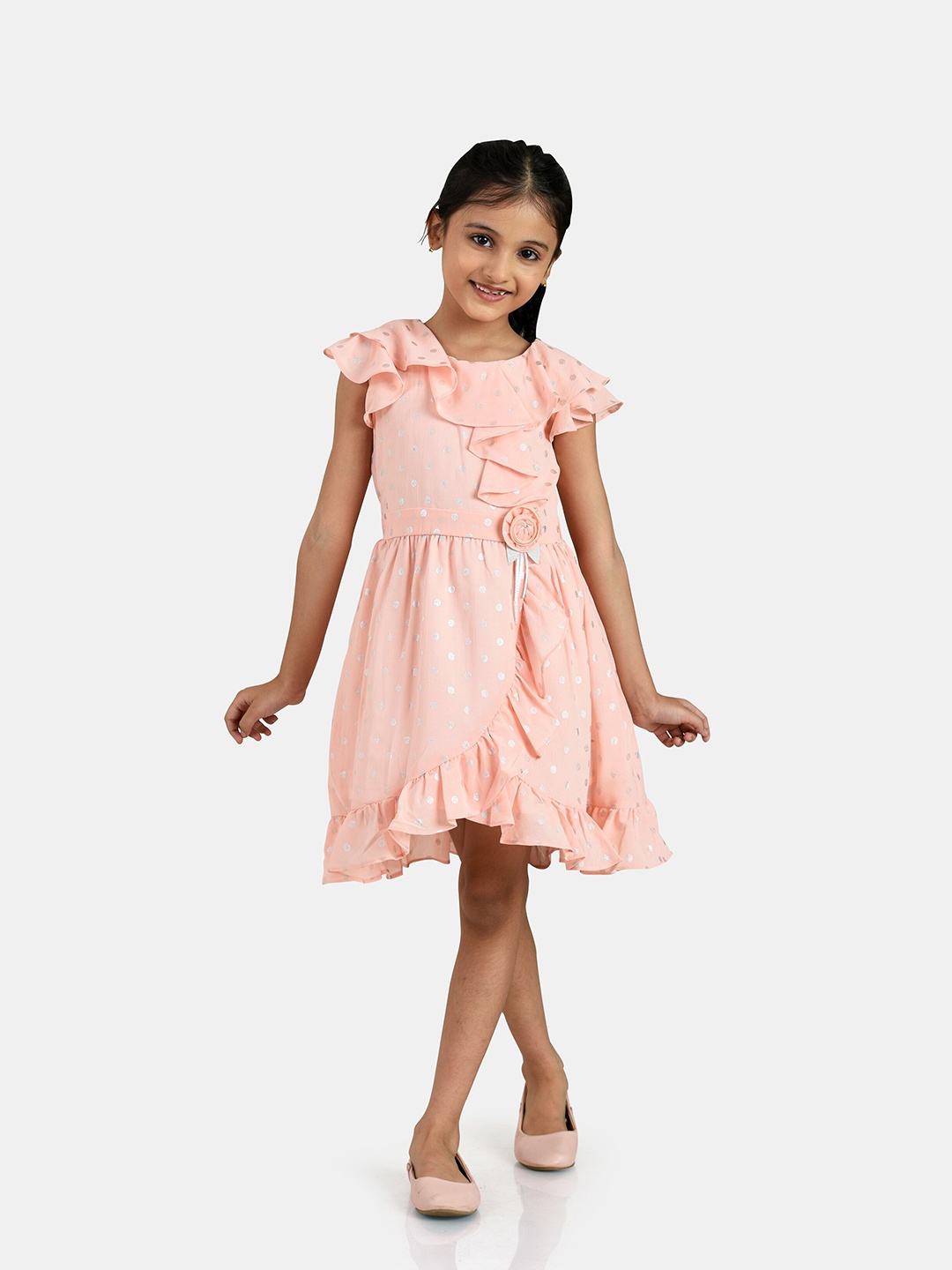 

Peppermint Girls Polka Dots Printed Ruffles Gathered Fit & Flare Dress, Peach