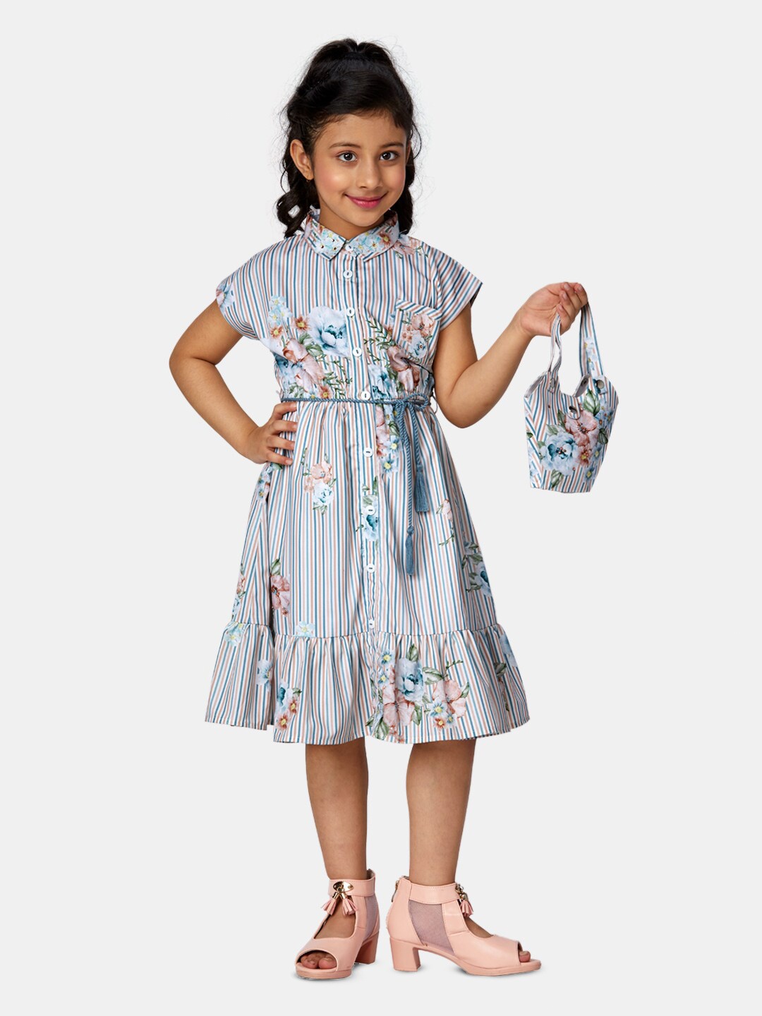 

Peppermint Girls Floral Printed Shirt Collar Gathered Detail Fit & Flare Dress With Purse, Blue