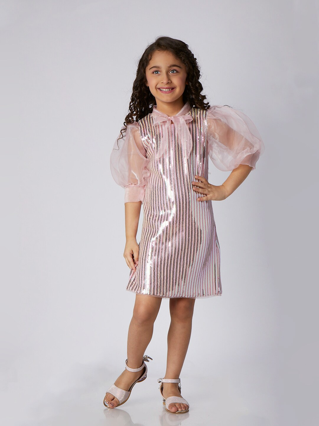 

Peppermint Girls Striped Sequinned Net A-Line Dress, Peach