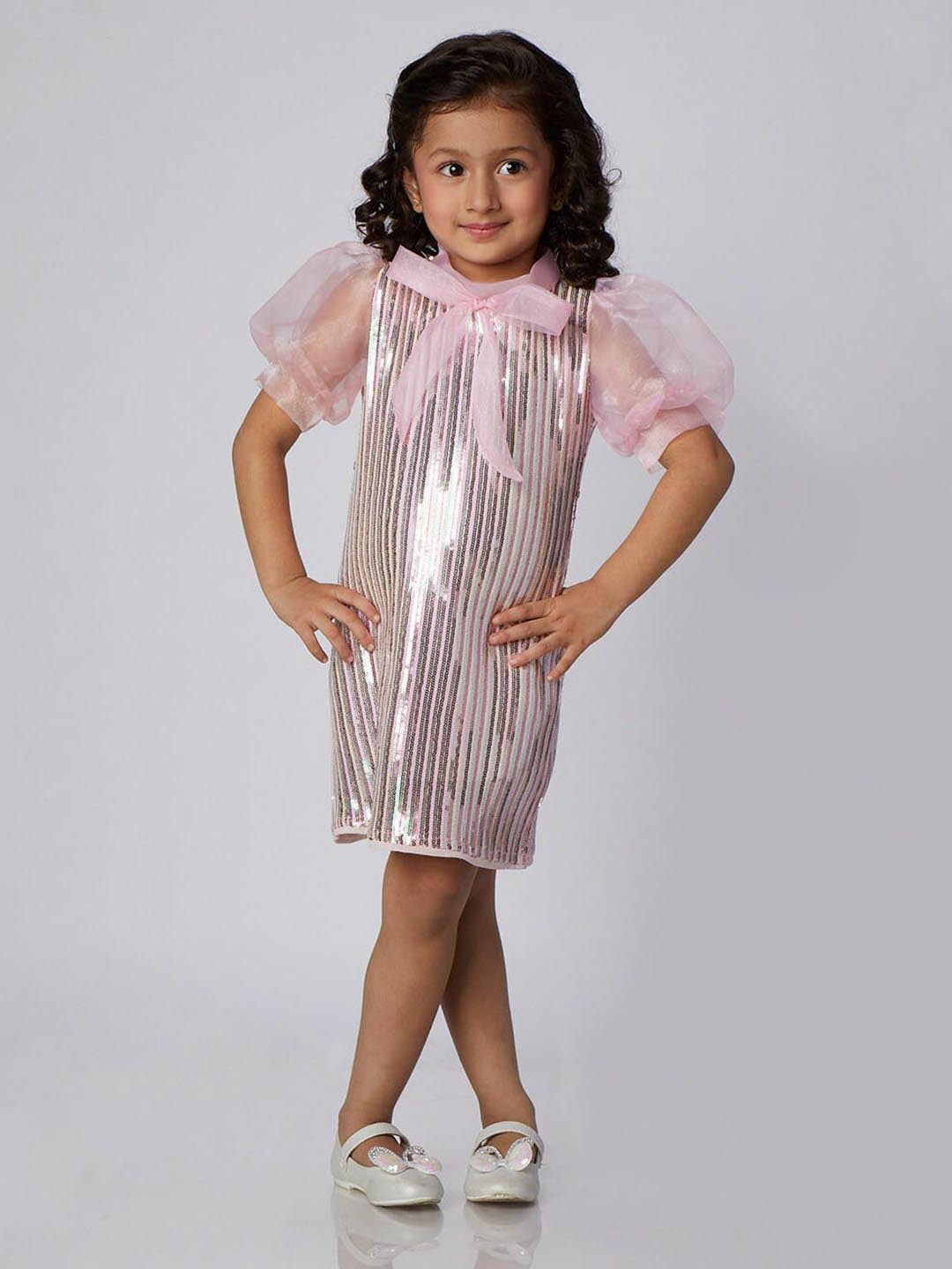 

Peppermint Girls Embellished Puff Sleeves Sequinned Net Sheath Dress, Peach