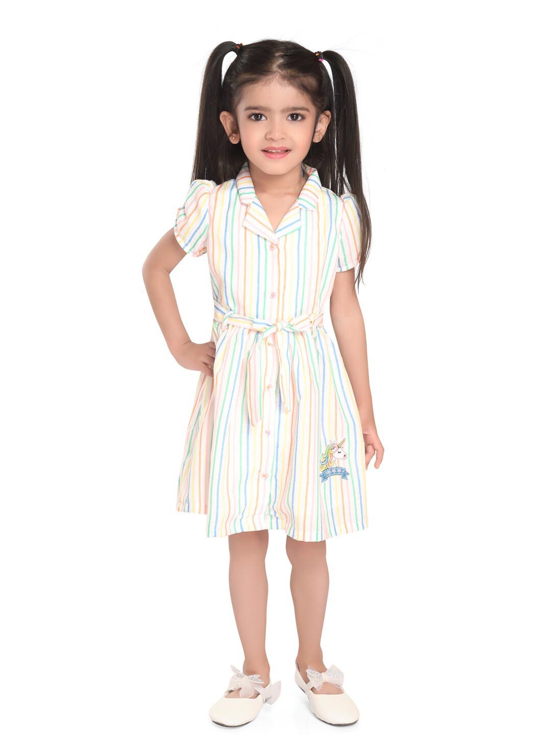 

Peppermint Girls Striped Cuban Collar Puff Sleeve Belted Cotton A-Line Dress, Yellow