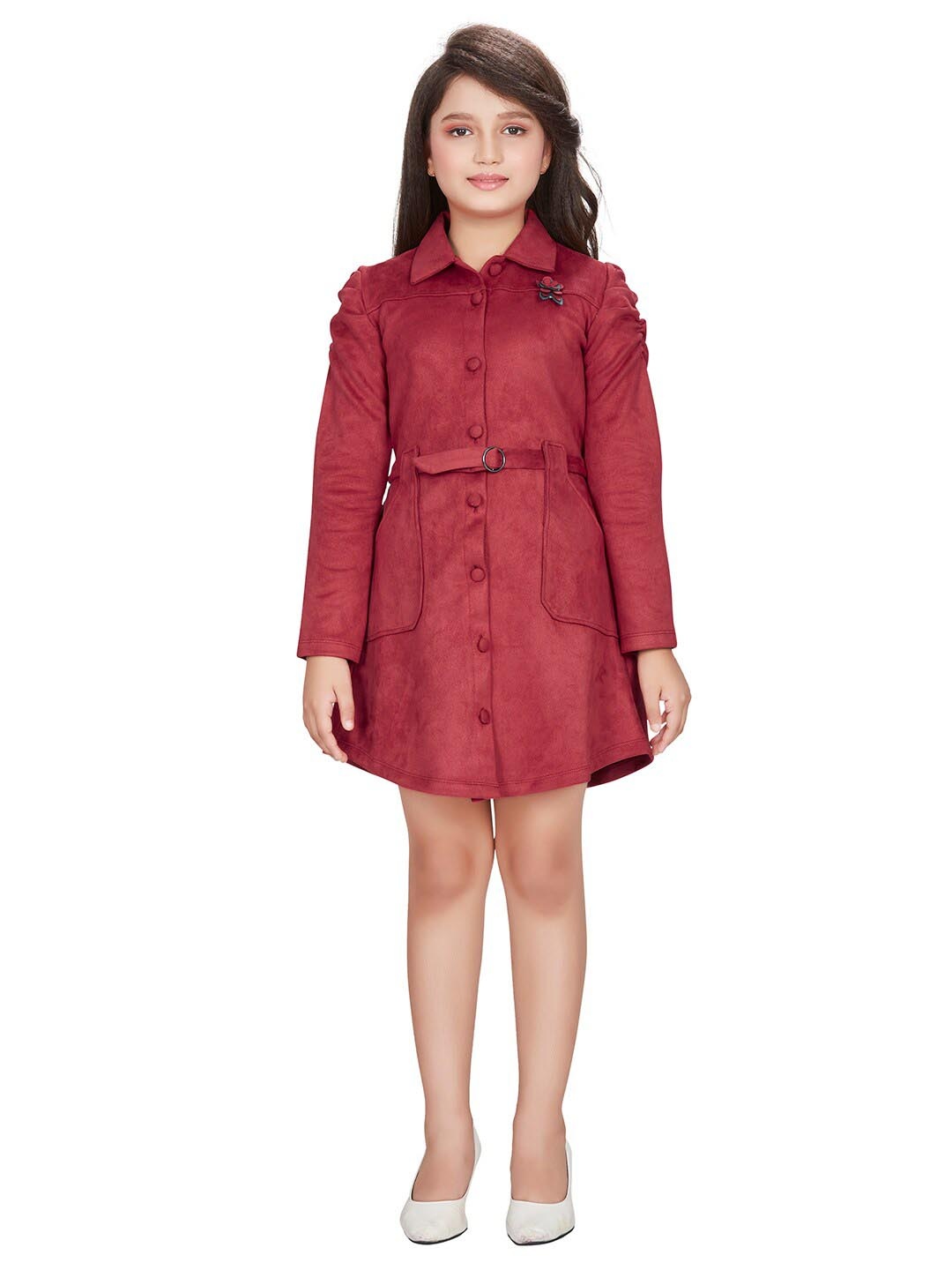 

Peppermint Girls Shirt Collar Shirt Dress With Belt, Maroon