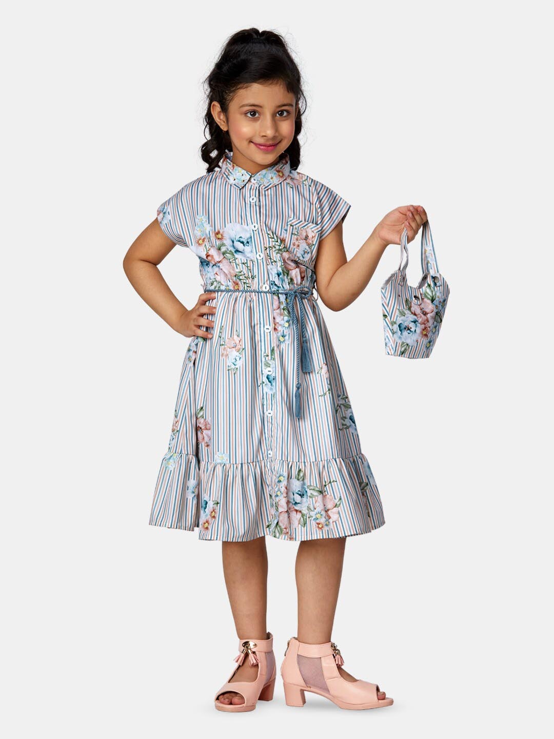 

Peppermint Girls Floral Printed Shirt Collar Gathered Fit & Flare Dress With Belt & Purse, Blue
