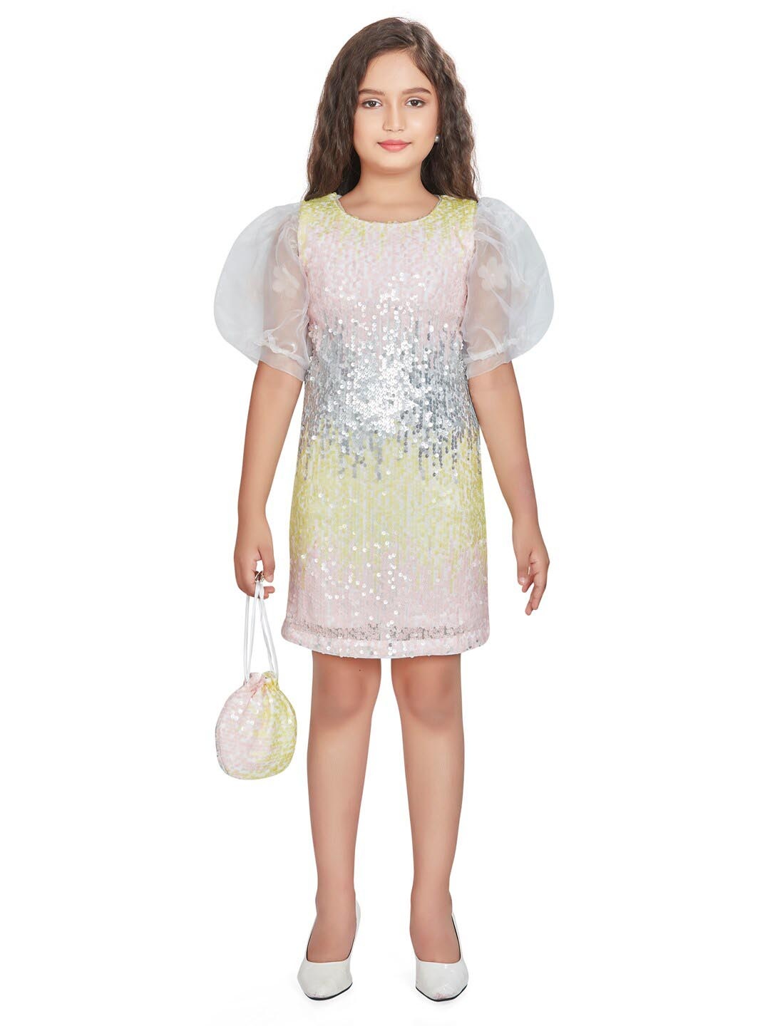 

Peppermint Girls Embellished Puff Sleeves Sequinned Net Sheath Dress With Purse, Pink