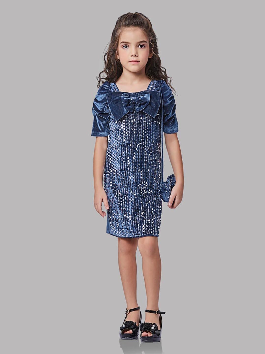 

Peppermint Girls Embellished Puff Sleeves Sequined Velvet A-Line Dress, Teal