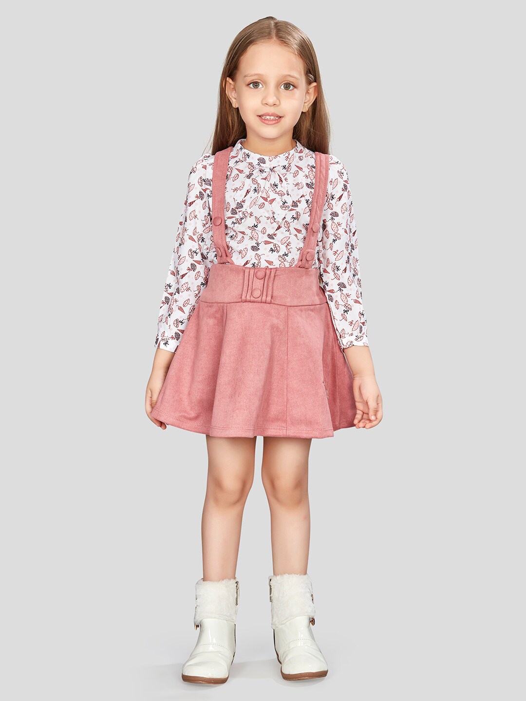 

Peppermint Girls Shoulder Straps Pinafore Dress With Printed Top, Peach