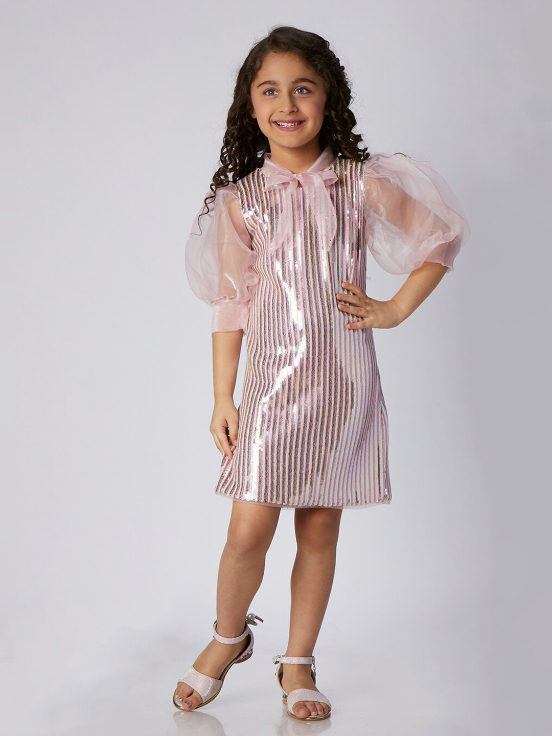 

Peppermint Girls Striped Bow Detailed Puff Sleeves Semi Sheer Net Sheath Dress, Peach