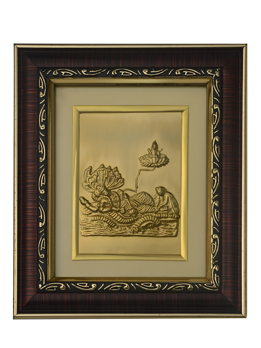 

Pray Everyday Brown & Gold-Plated Copper Laxmi Vishnu Ji Self Design Wall Photo Frame