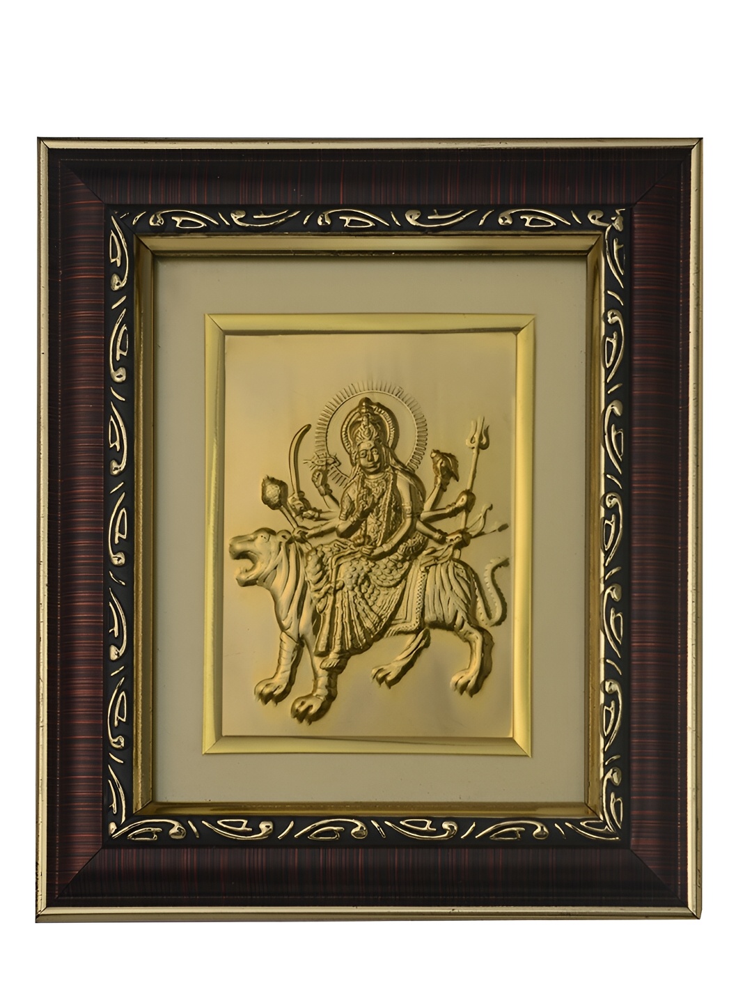 

Pray Everyday Brown & Gold Plated Durga Mata Self Design Wall Photo Frame