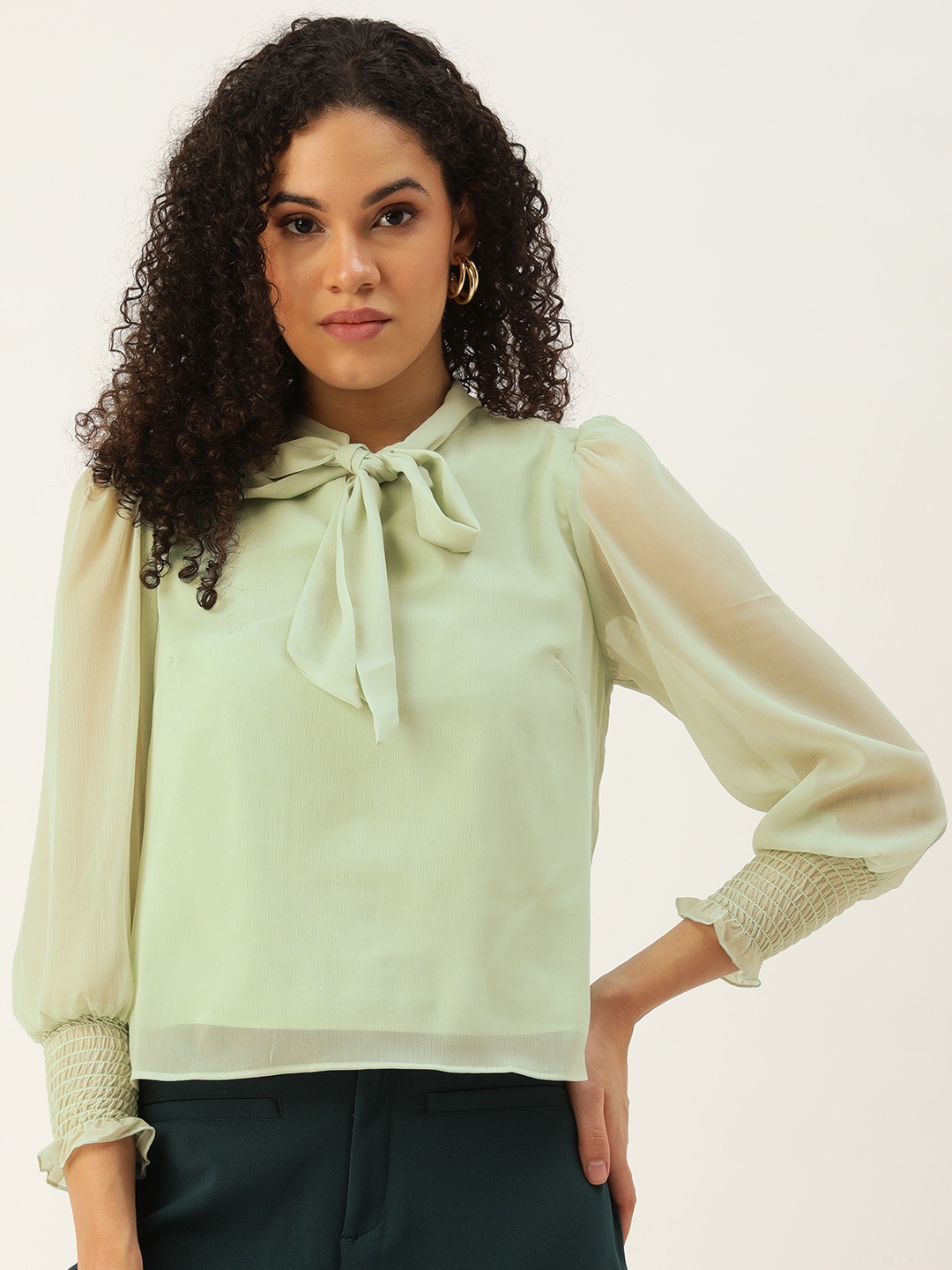 

FOREVER 21 Tie-Up Neck Puff Sleeve Top, Green