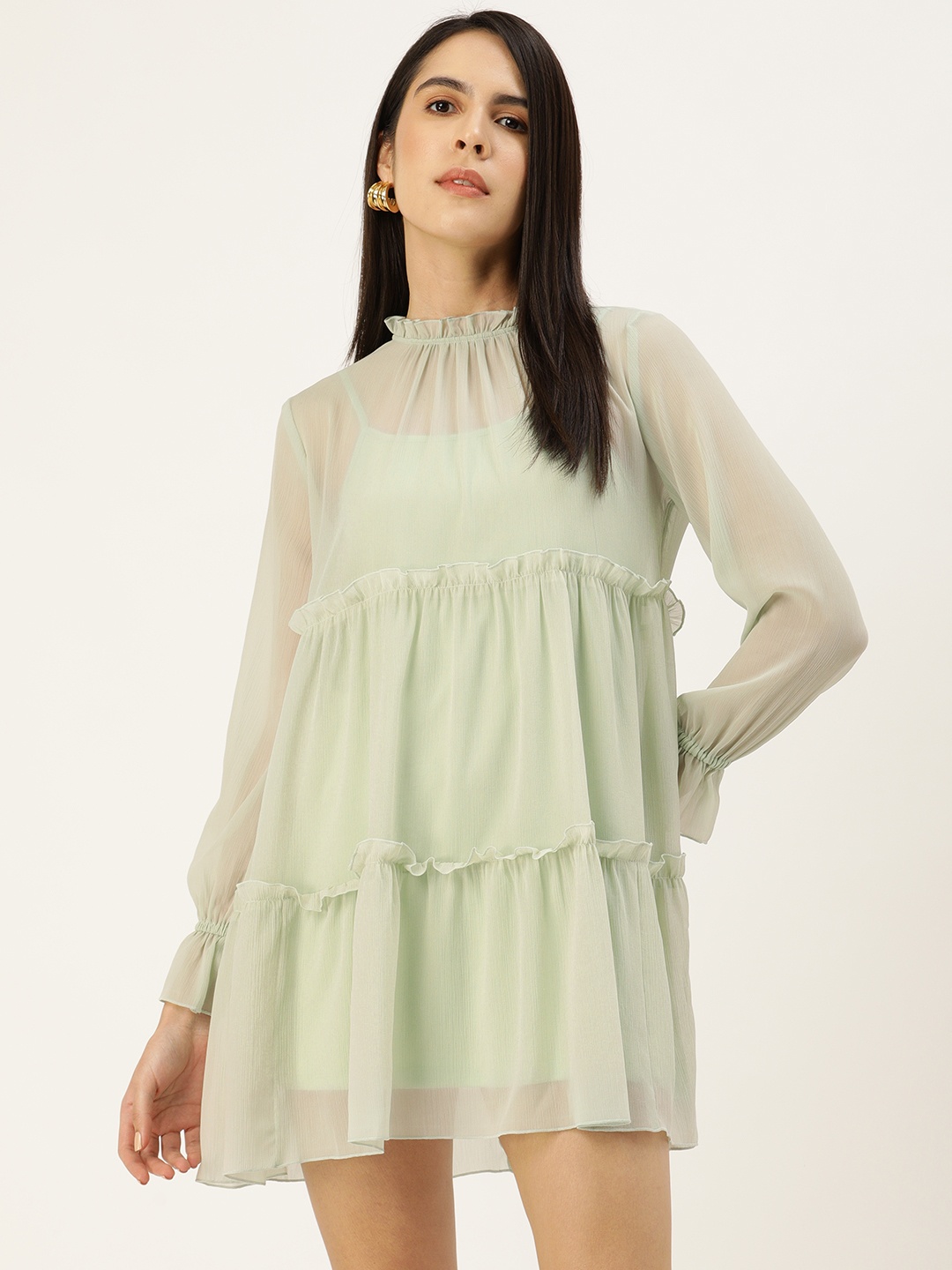 

FOREVER 21 Ruffled A-Line Tiered Mini Dress Comes With An Inner Slip, Green