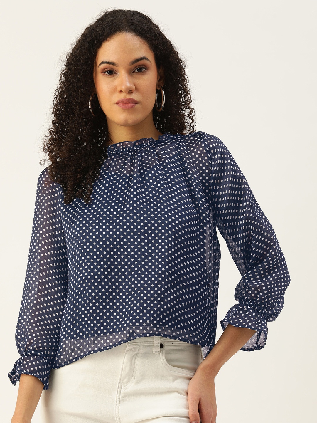 

FOREVER 21 Polka Dot Printed Top Comes With An Inner Slip, Navy blue