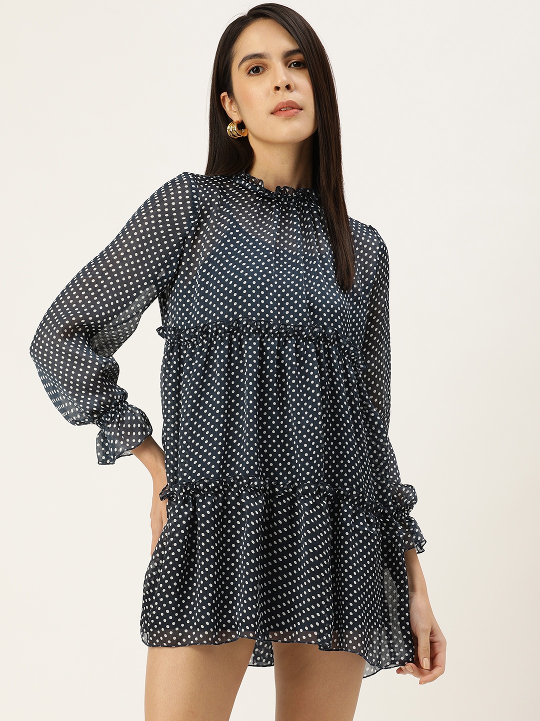 

FOREVER 21 Polka Dot Printed A-Line Tiered Dress, Navy blue