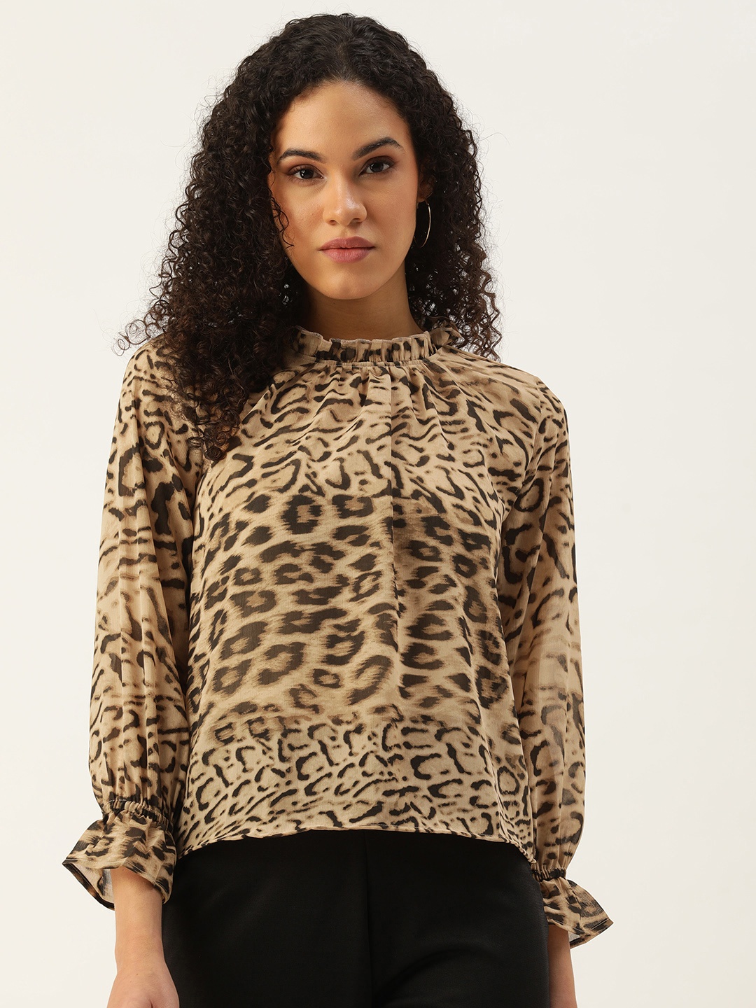 

FOREVER 21 Animal Printed Ruffle Detailed Top, Beige