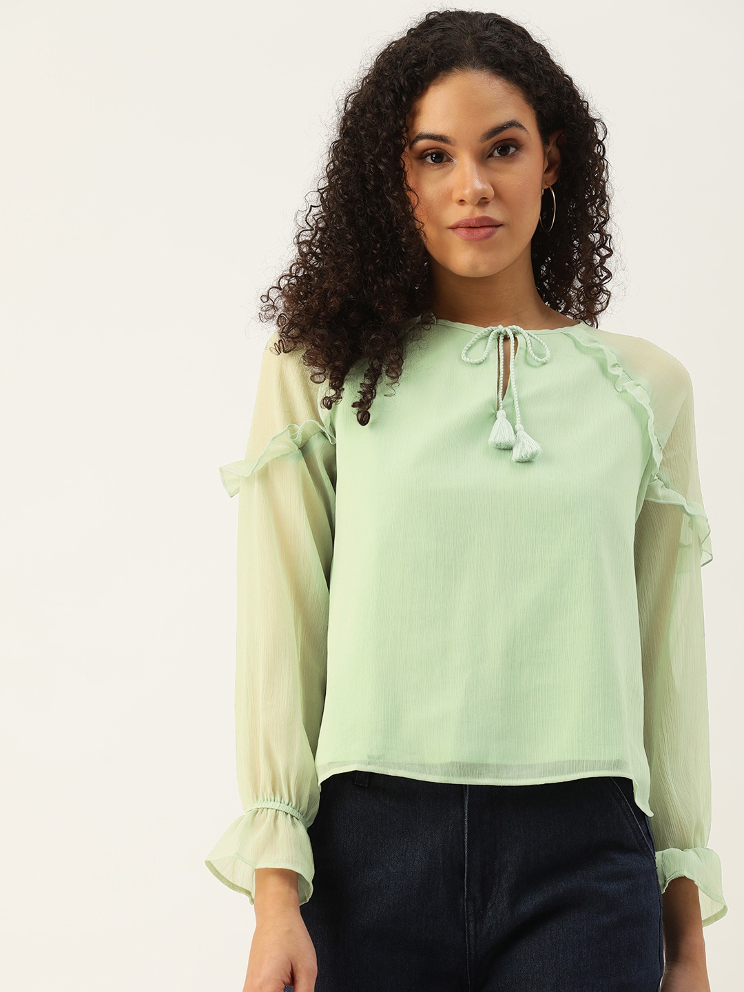 

FOREVER 21 Tie-Up Neck Ruffles Top, Green