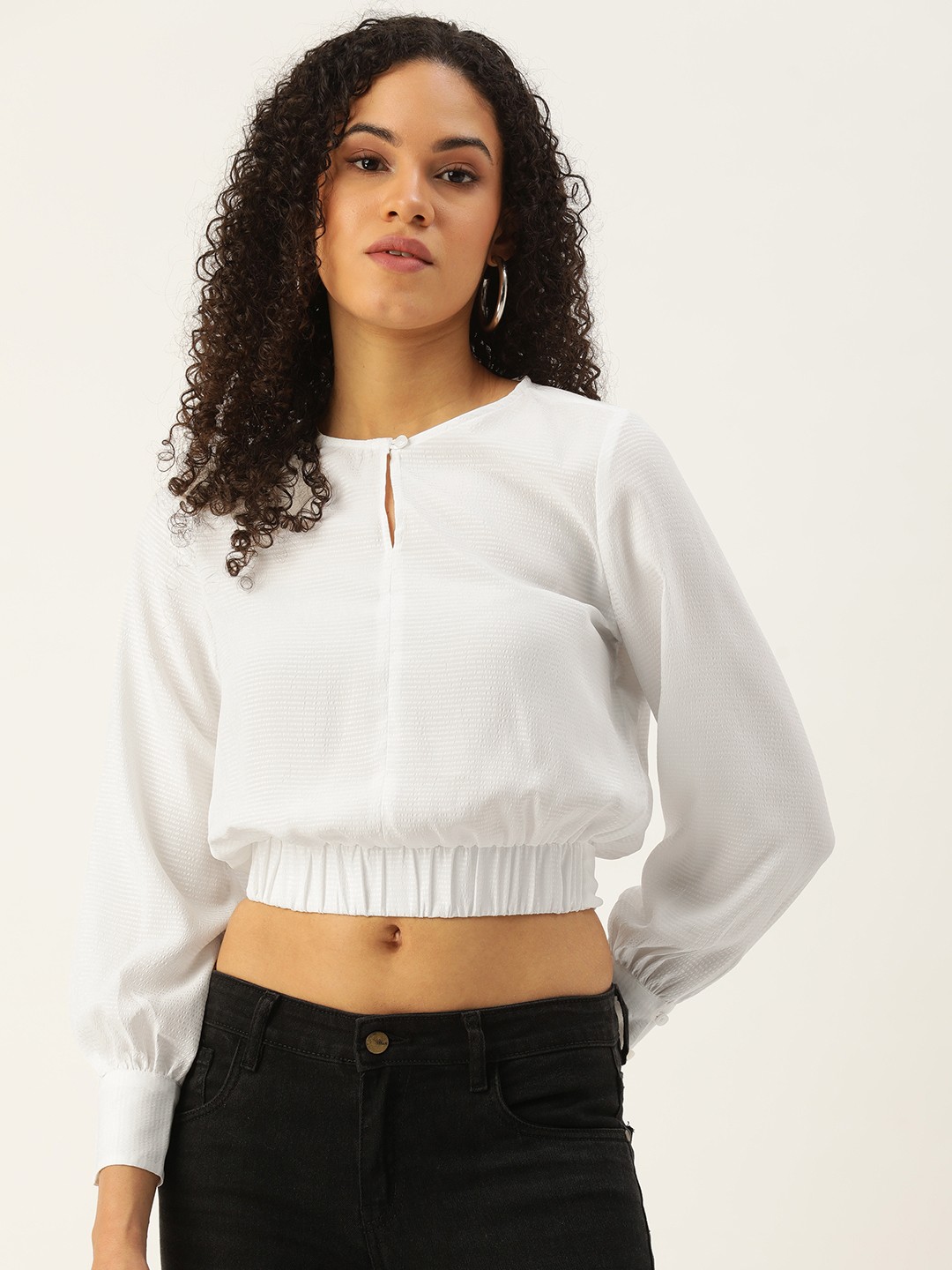 

FOREVER 21 Self Striped Crop Top, White