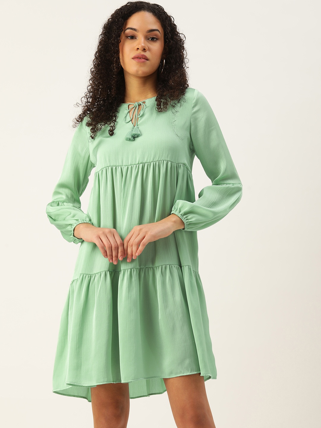 

FOREVER 21 Solid Tie-Up Neck Bishop Sleeve A-Line Tiered Dress, Sea green