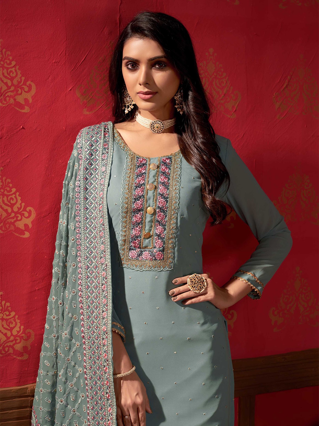 

Panzora Ethnic Motif Embroidered Unstitched Dress Material, Turquoise blue