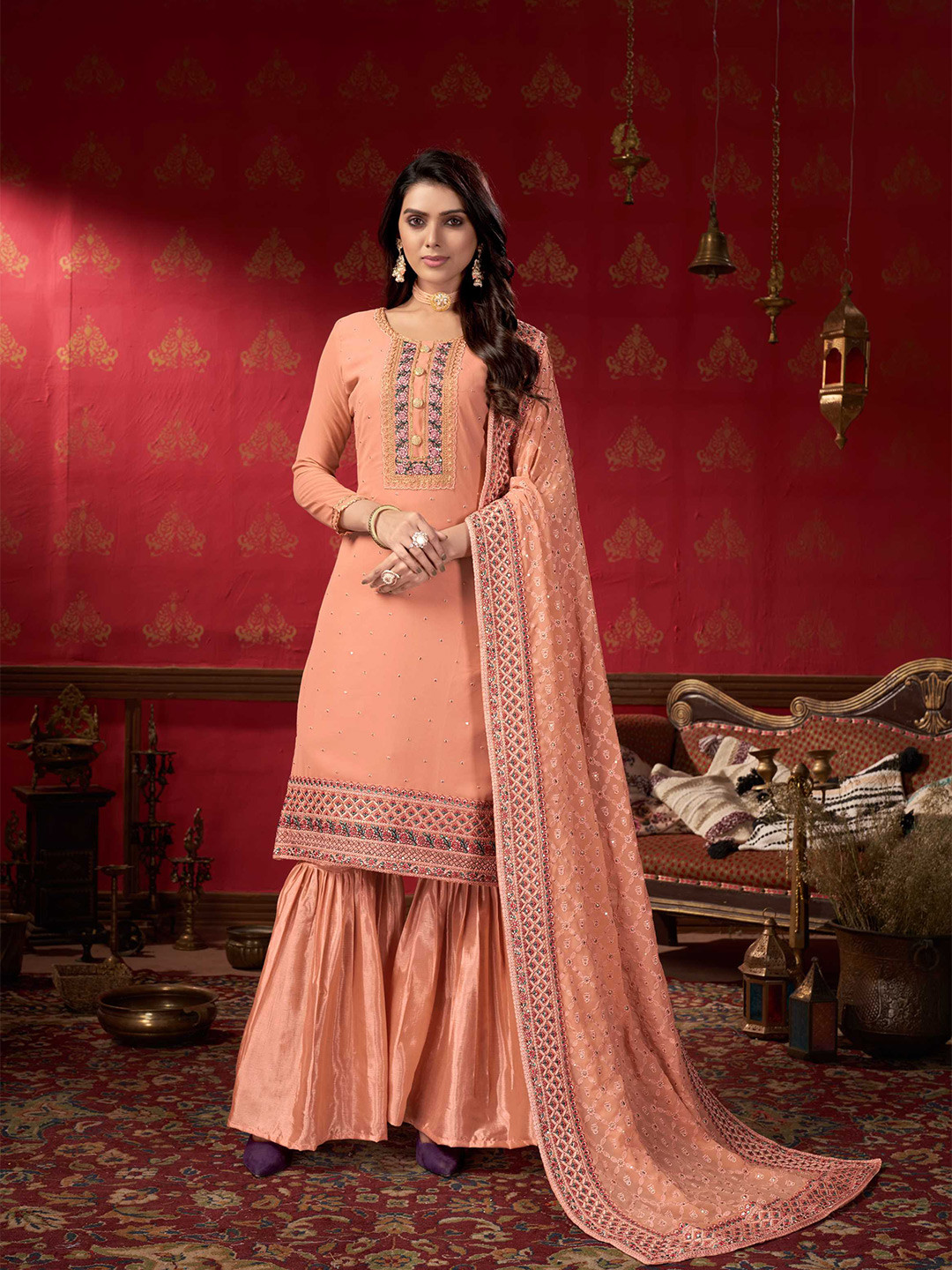 

Panzora Ethnic Motif Embroidered Unstitched Dress Material, Peach