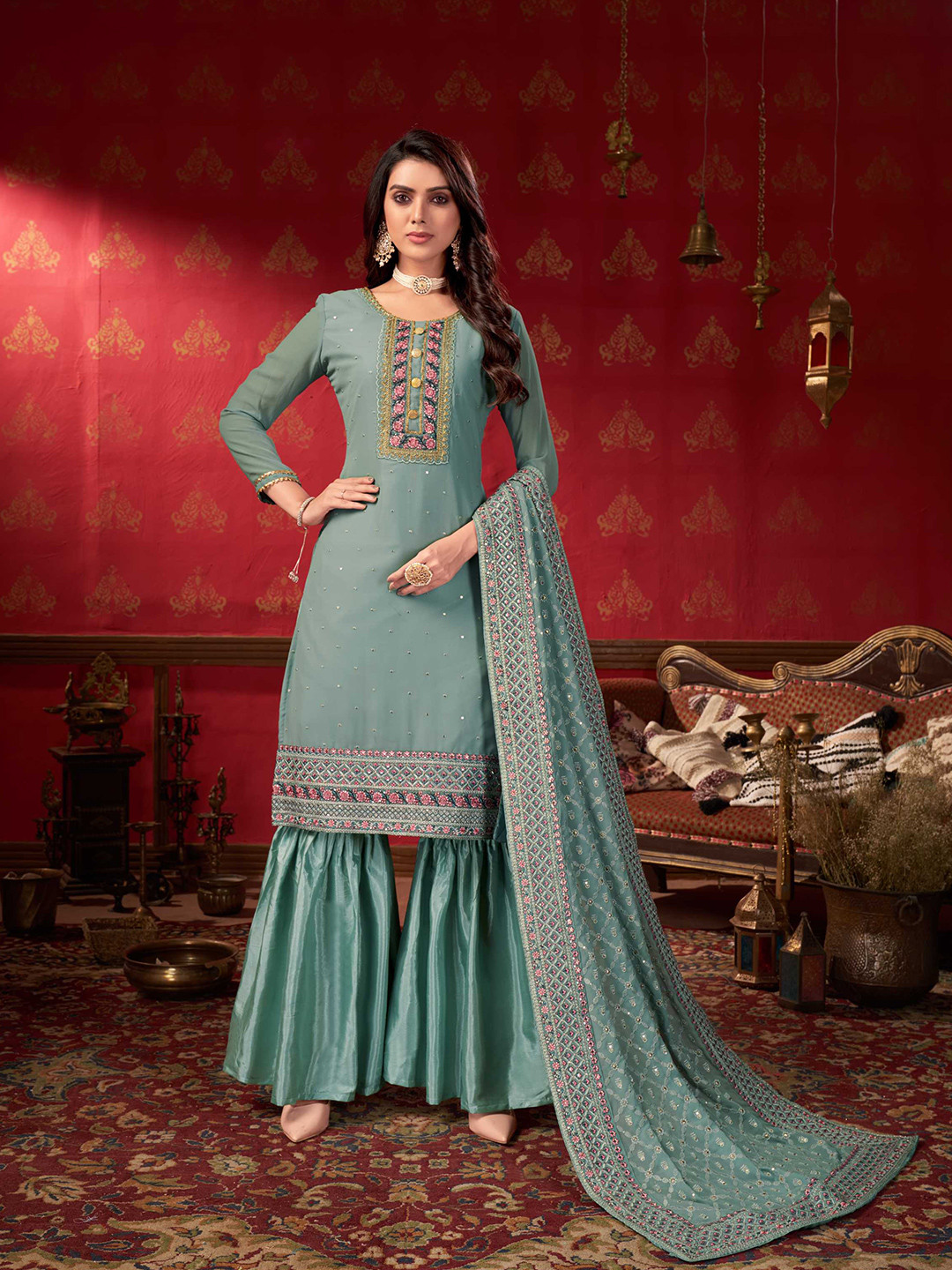 

KALINI Floral Embroidered Sequinned Unstitched Dress Material, Turquoise blue