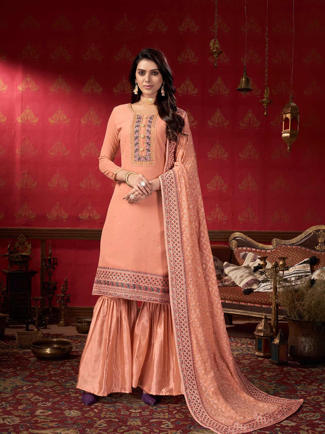 

KALINI Floral Embroidered Sequinned Unstitched Dress Material, Peach