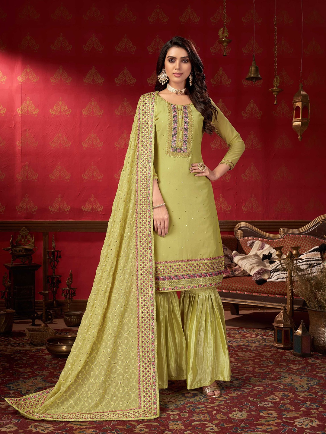 

KALINI Floral Embroidered Sequinned Unstitched Dress Material, Yellow
