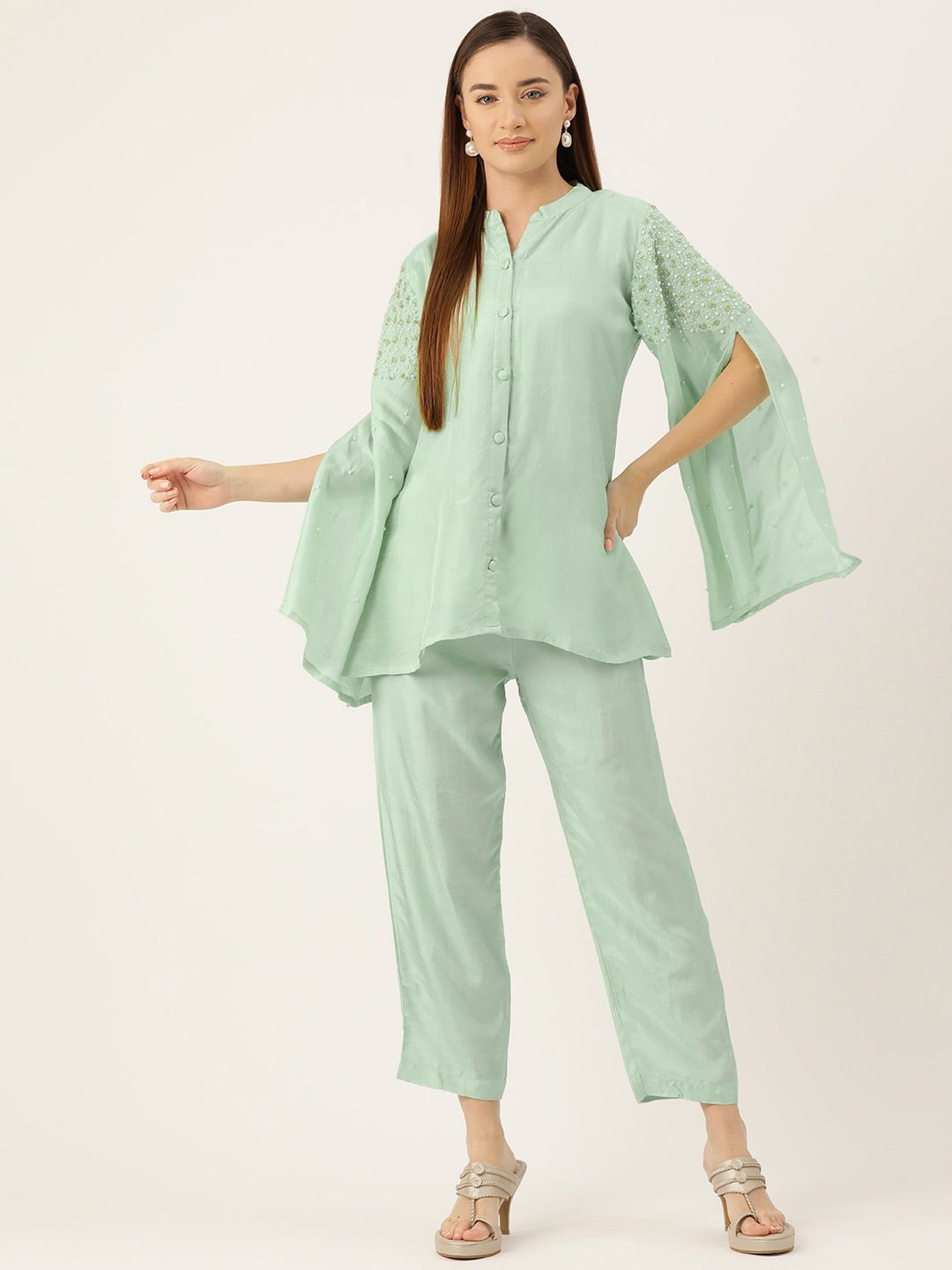 

Simaaya Women Floral Embellished Tunic with Trousers, Sea green
