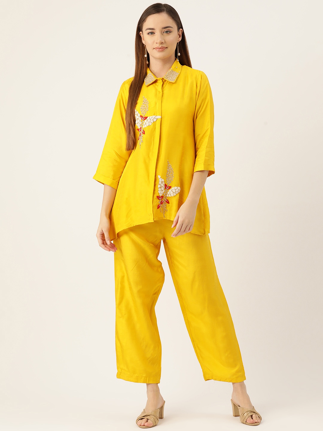 

Simaaya Women Floral Embroidered Tunic with Trousers, Yellow