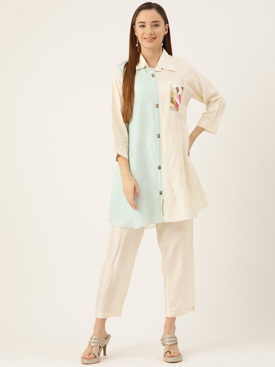 

Simaaya Women Colourblocked Sequinned Embellished Tunic with Trousers, Off white