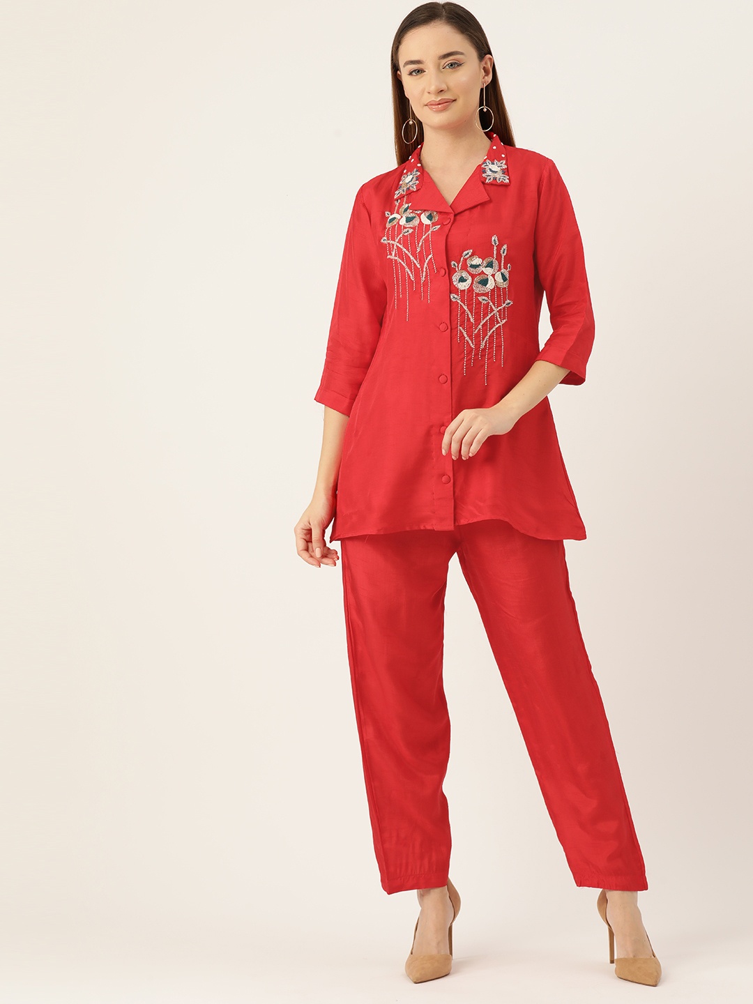 

Simaaya Women Floral Embroidered Tunic with Trousers, Red