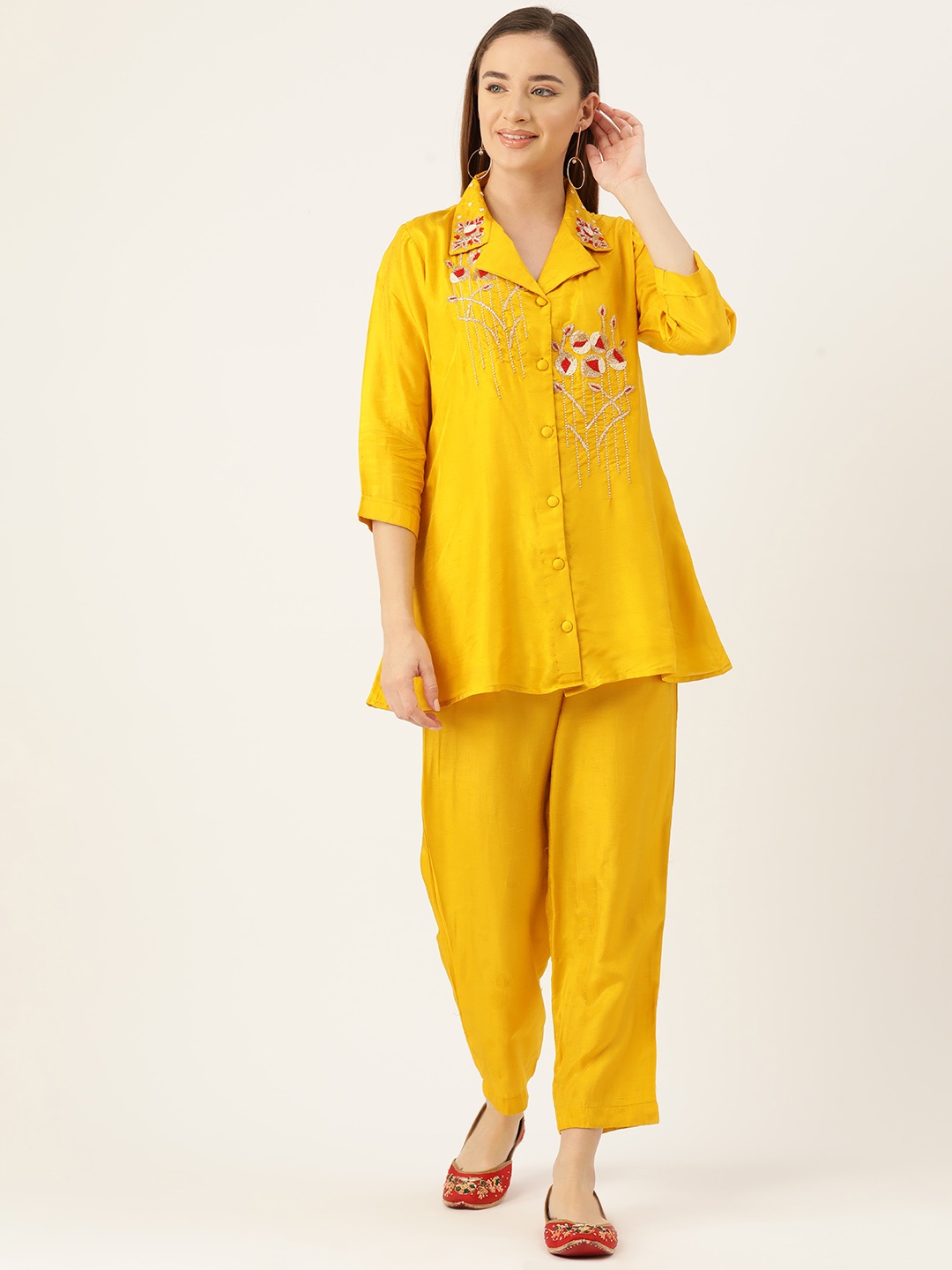 

Simaaya Women Floral Embroidered Tunic with Trousers, Yellow
