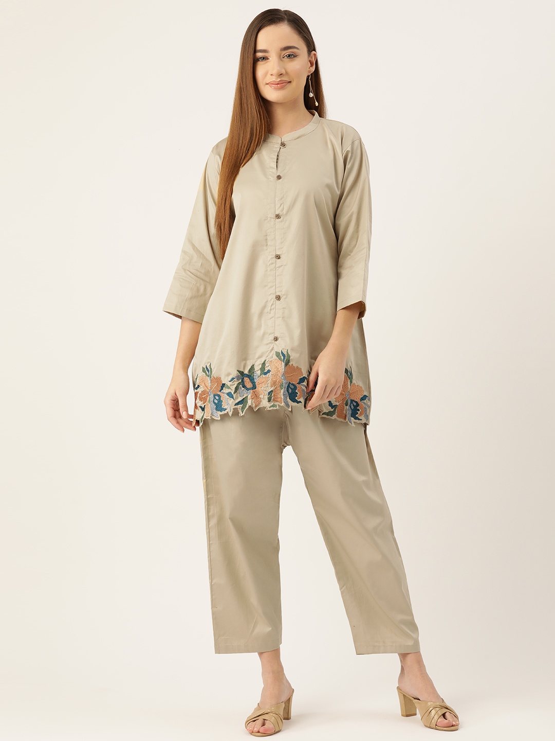 

Simaaya Women Floral Embroidered Tunic with Trousers, Beige