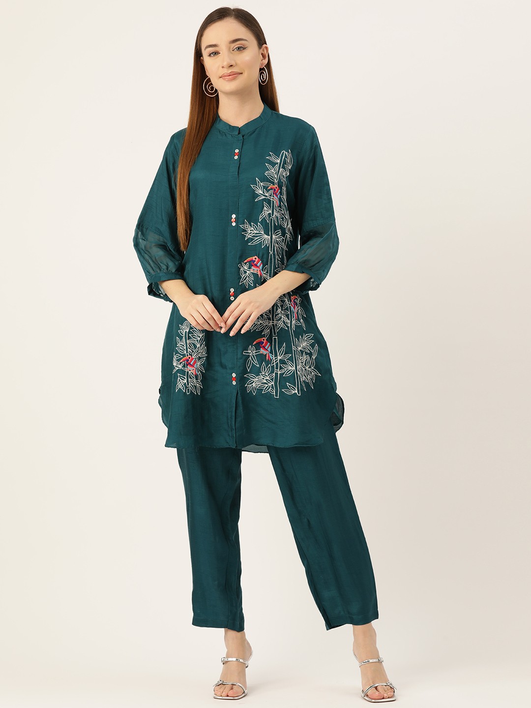 

Simaaya Women Floral Embroidered Tunic with Trousers, Green