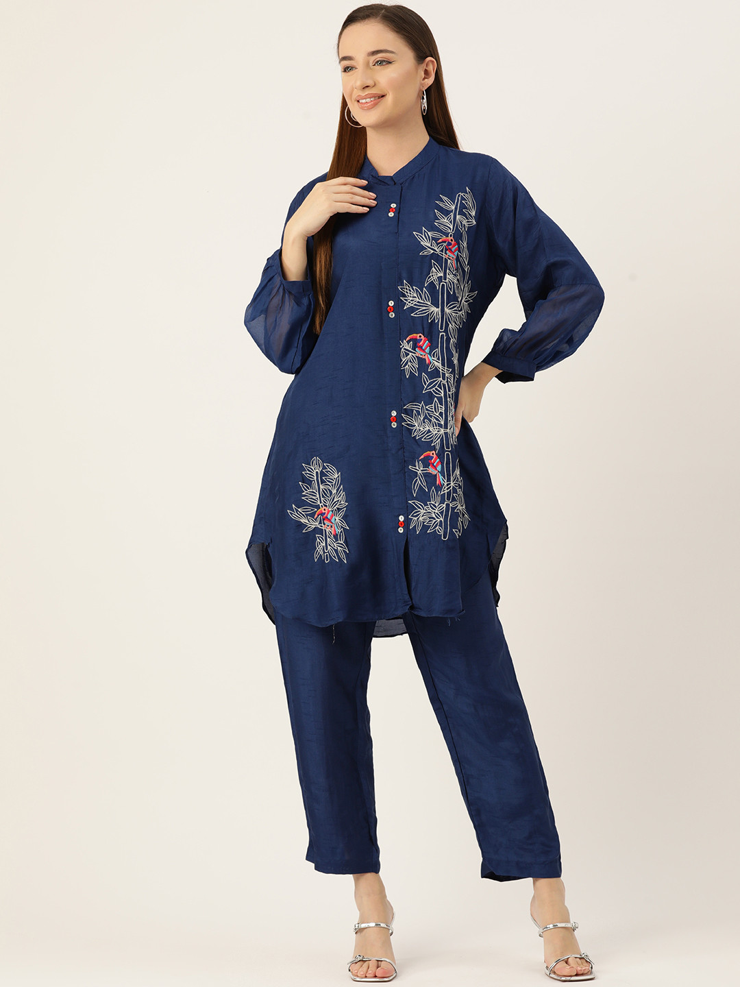 

Simaaya Women Floral Embroidered Tunic with Trousers, Navy blue