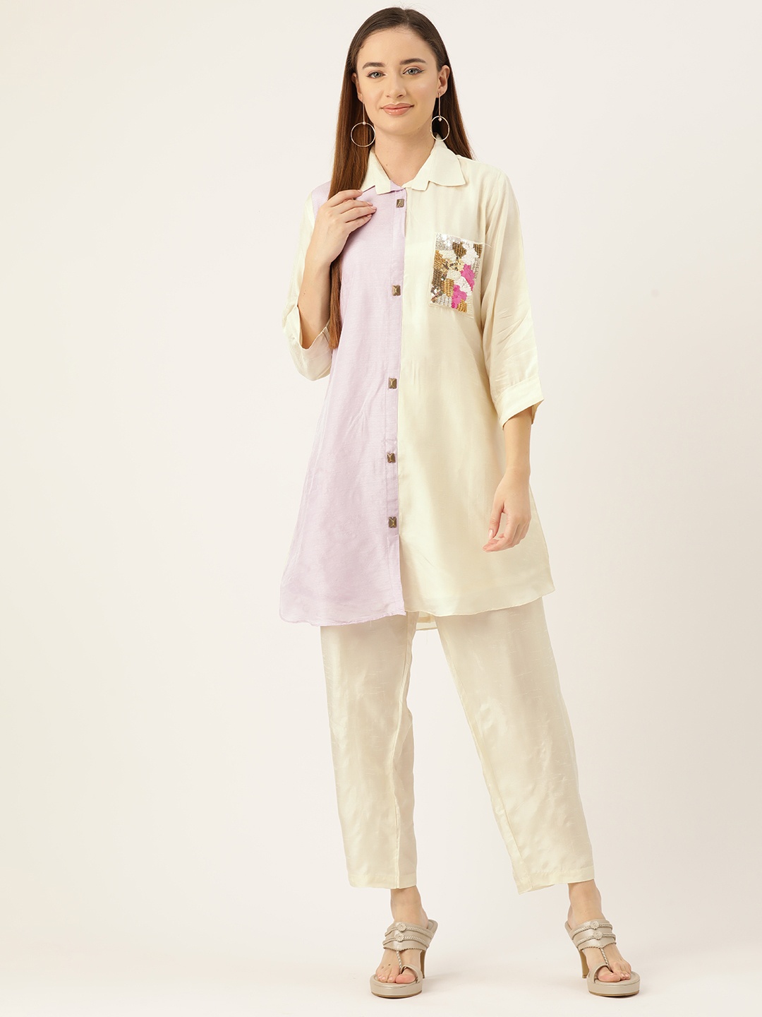 

Simaaya Women Colourblocked Sequinned Embellished Co-Ords, Off white