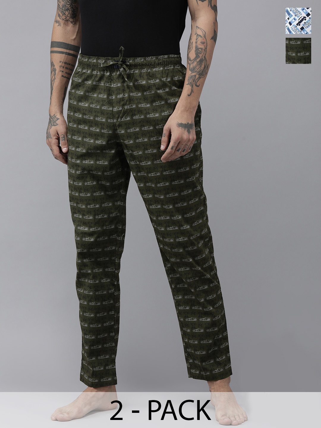 

Pepe Jeans Men Pack Of 2 Printed Mid-Rise Cotton Lounge Pants, Olive