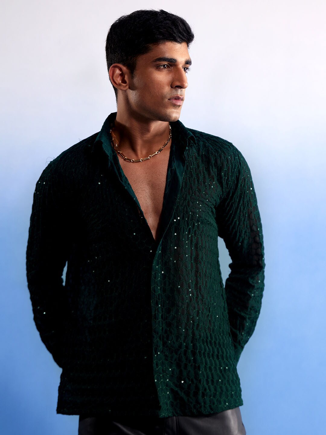 

VASTRAMAY Men Georgette Sequence Semi Sheer Premium Shirt, Green