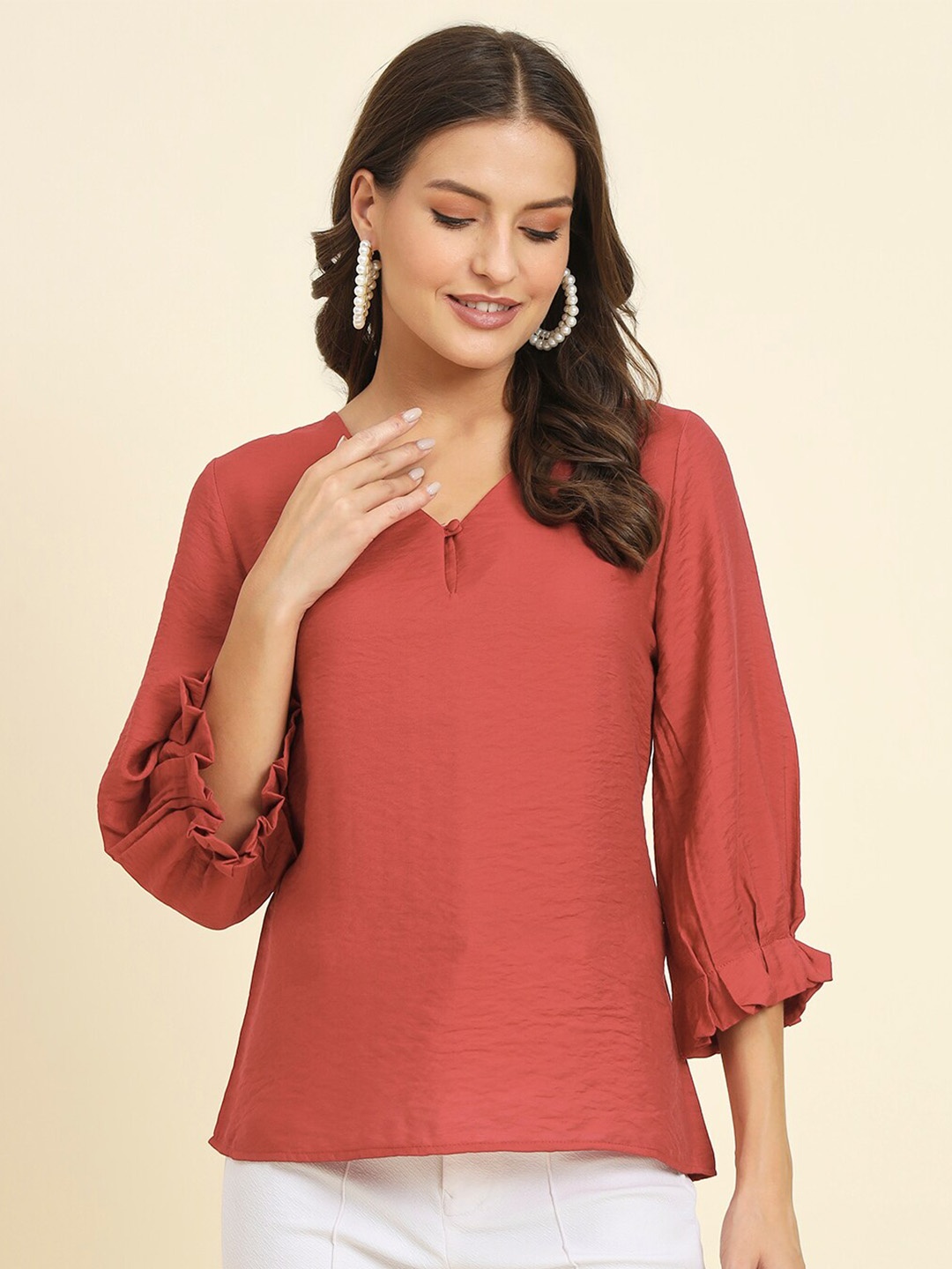 

HERE&NOW Maroon V-Neck Bell Sleeves Linen Top