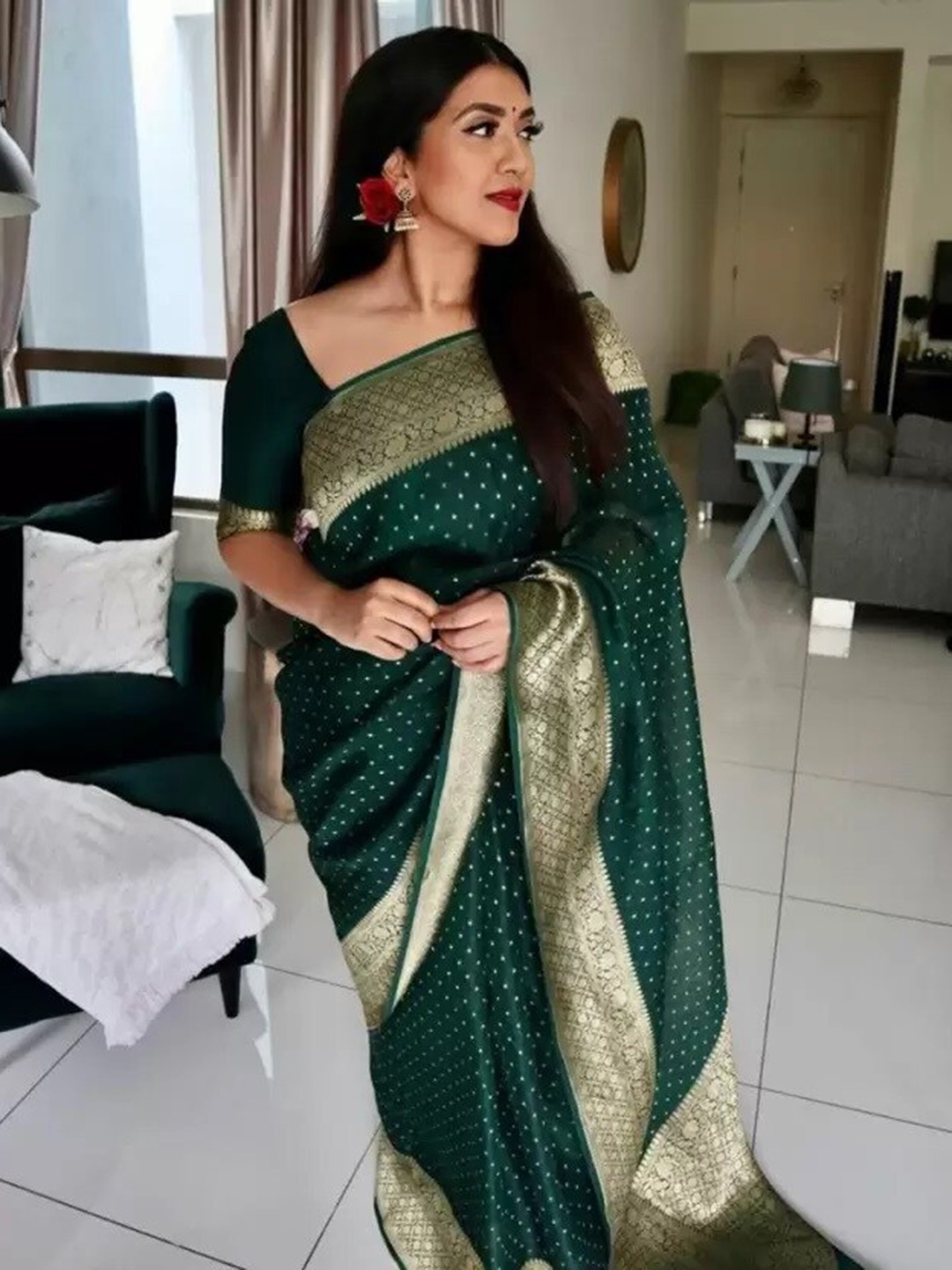 

TIEXA Ethnic Motifs Pure Silk Banarasi Saree, Sea green