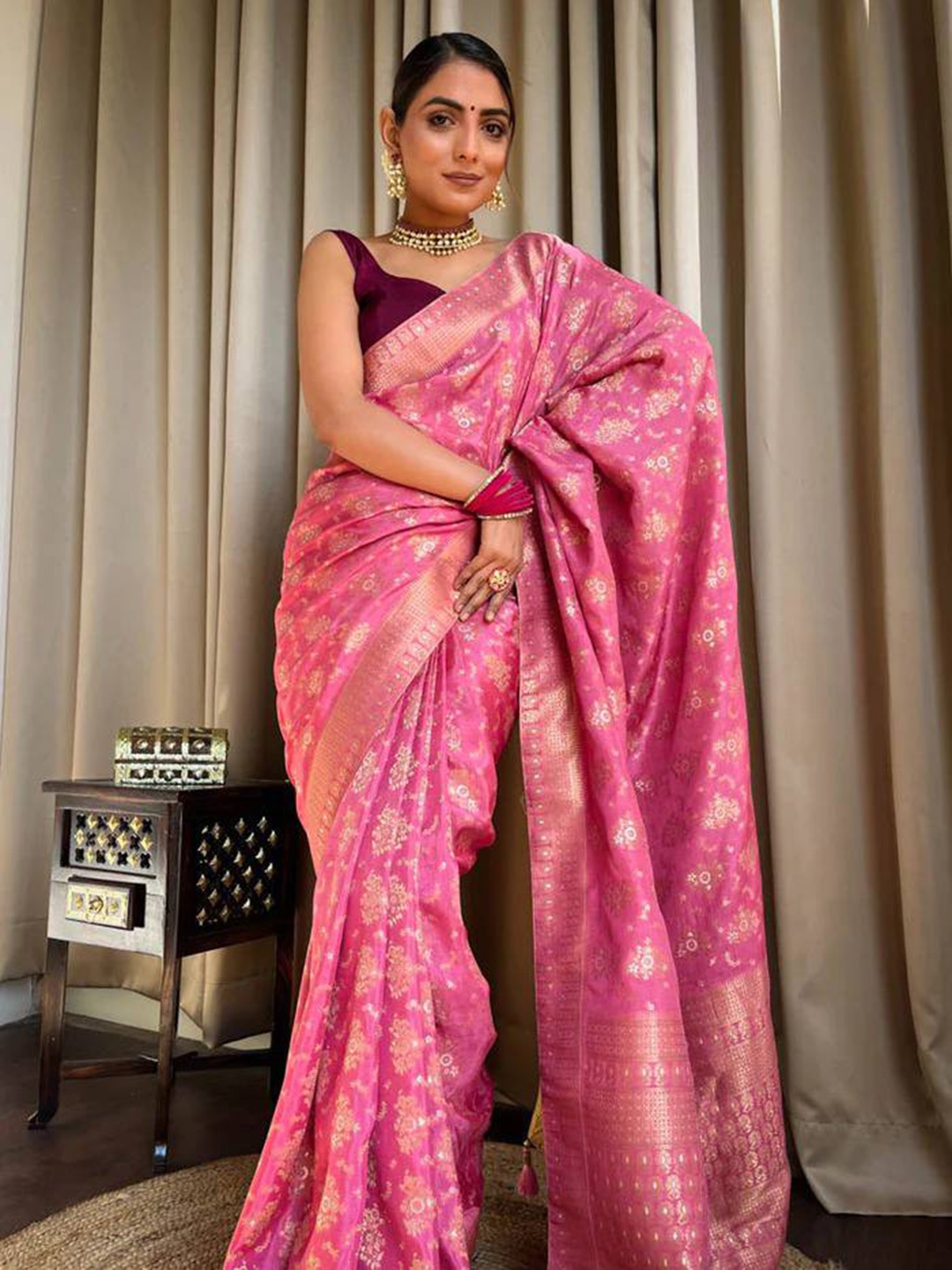 

TIEXA Ethnic Motifs Pure Silk Ready to Wear Banarasi Saree, Rose