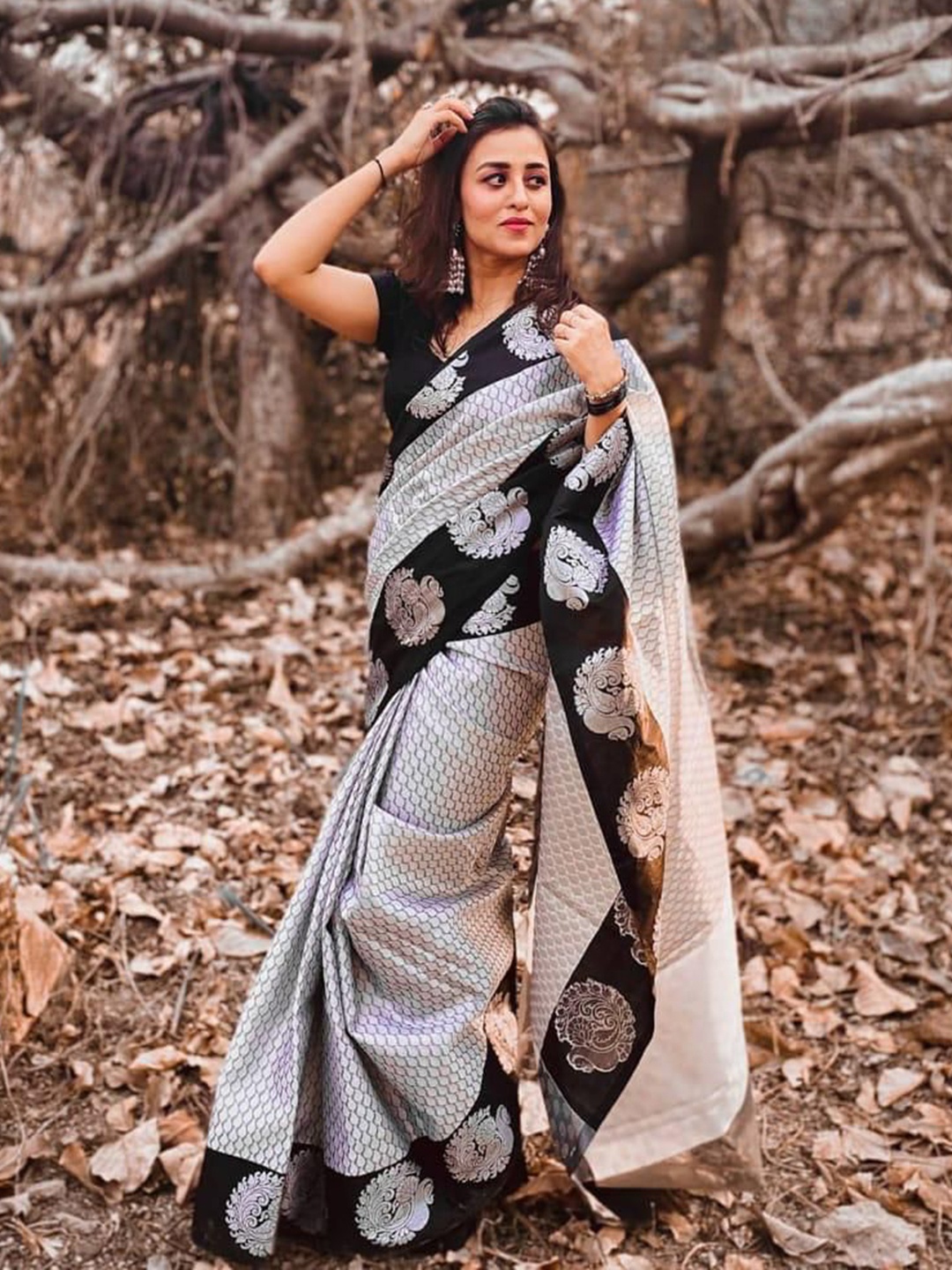 

TIEXA Ethnic Motifs Pure Silk Ready to Wear Banarasi Saree, Black