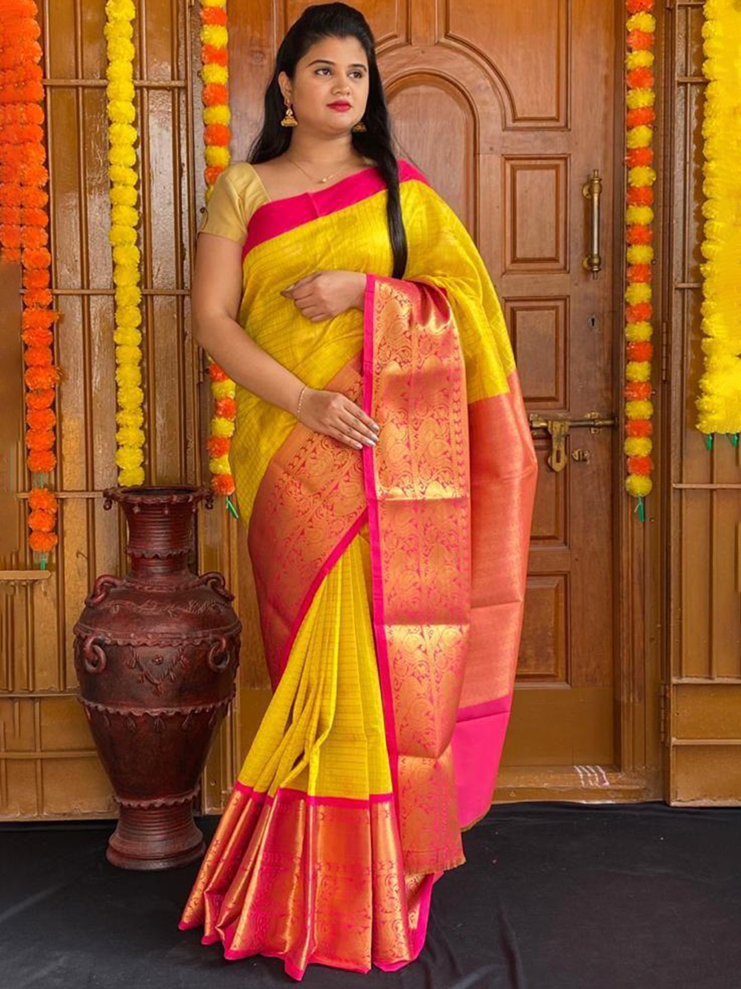 

TIEXA Ethnic Motifs Pure Silk Ready to Wear Banarasi Saree, Yellow