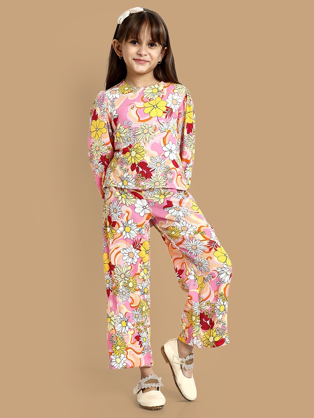 

YK Girls Floral Printed Round Neck Top with Palazzos, Pink