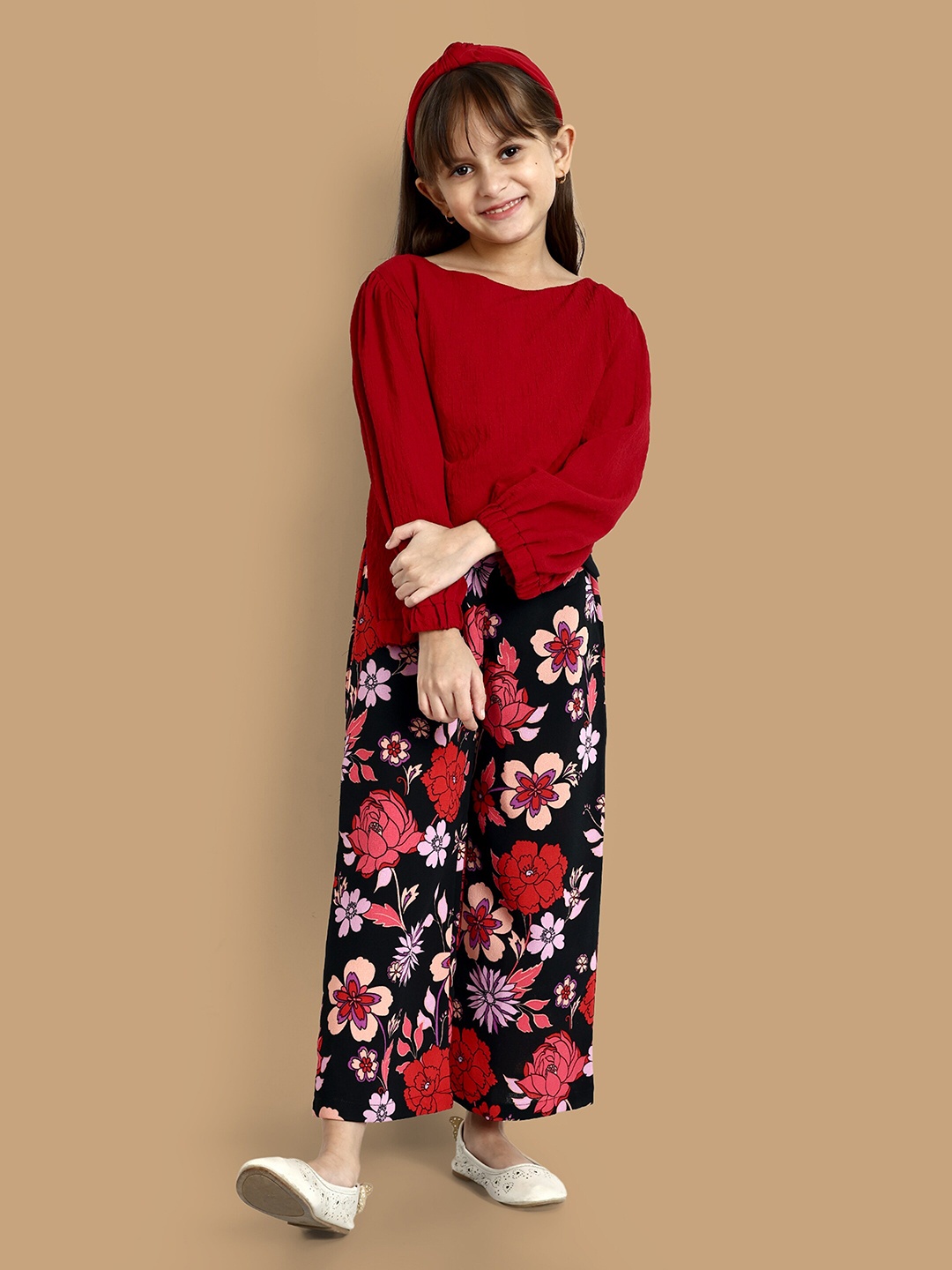 

YK Girls Floral Printed Top with Palazzos, Maroon