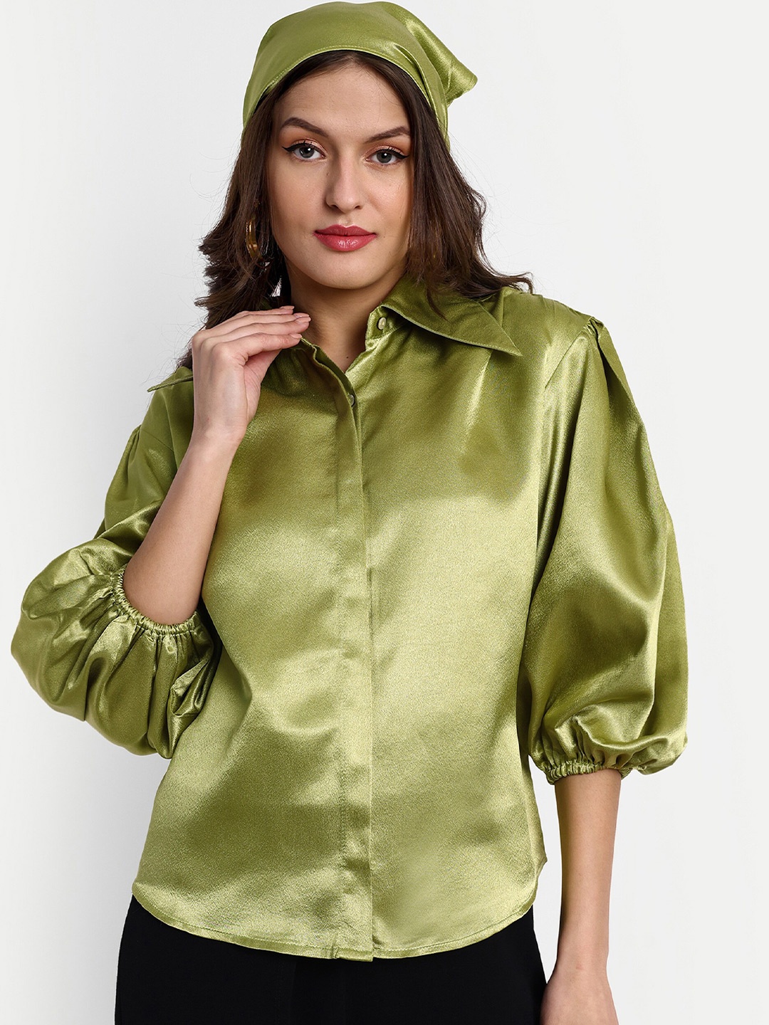 

ESSQUE Shirt Collar Puff Sleeves Satin Shirt Style Top, Olive